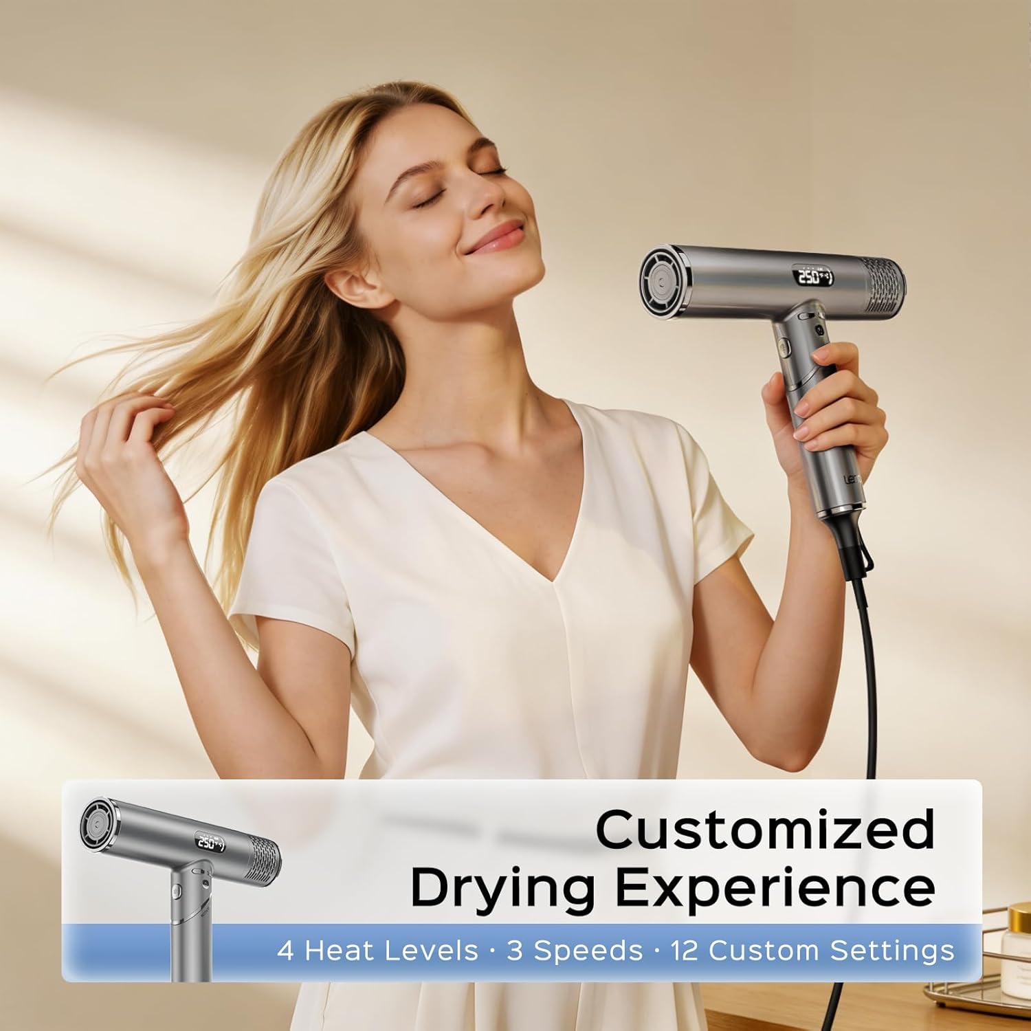 Foldable hair Dryer with Diffuser - 1600W Professional High Speed Blow Dryer with Comb,100,000RPM Fast Dry,salon-quality results,4 Temps & 3 Speeds,Low Noise, Portable for Home & Travel & Gym - Image 7