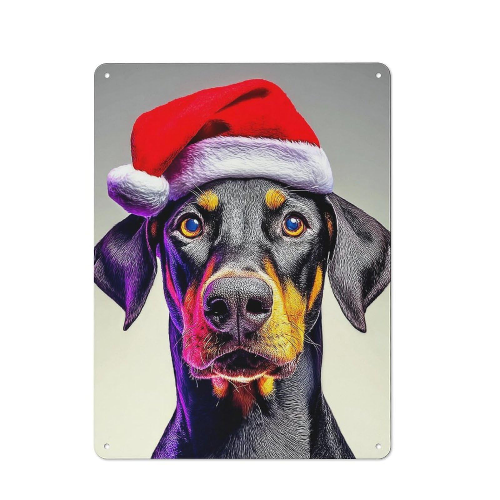 Junmoney Christmas Doberman With Santa Hat -1 Retro Tin Wall Plaque 40X30cm For Garage Or Workshop, A Metal Wall Feature For Garages And Tool Rooms