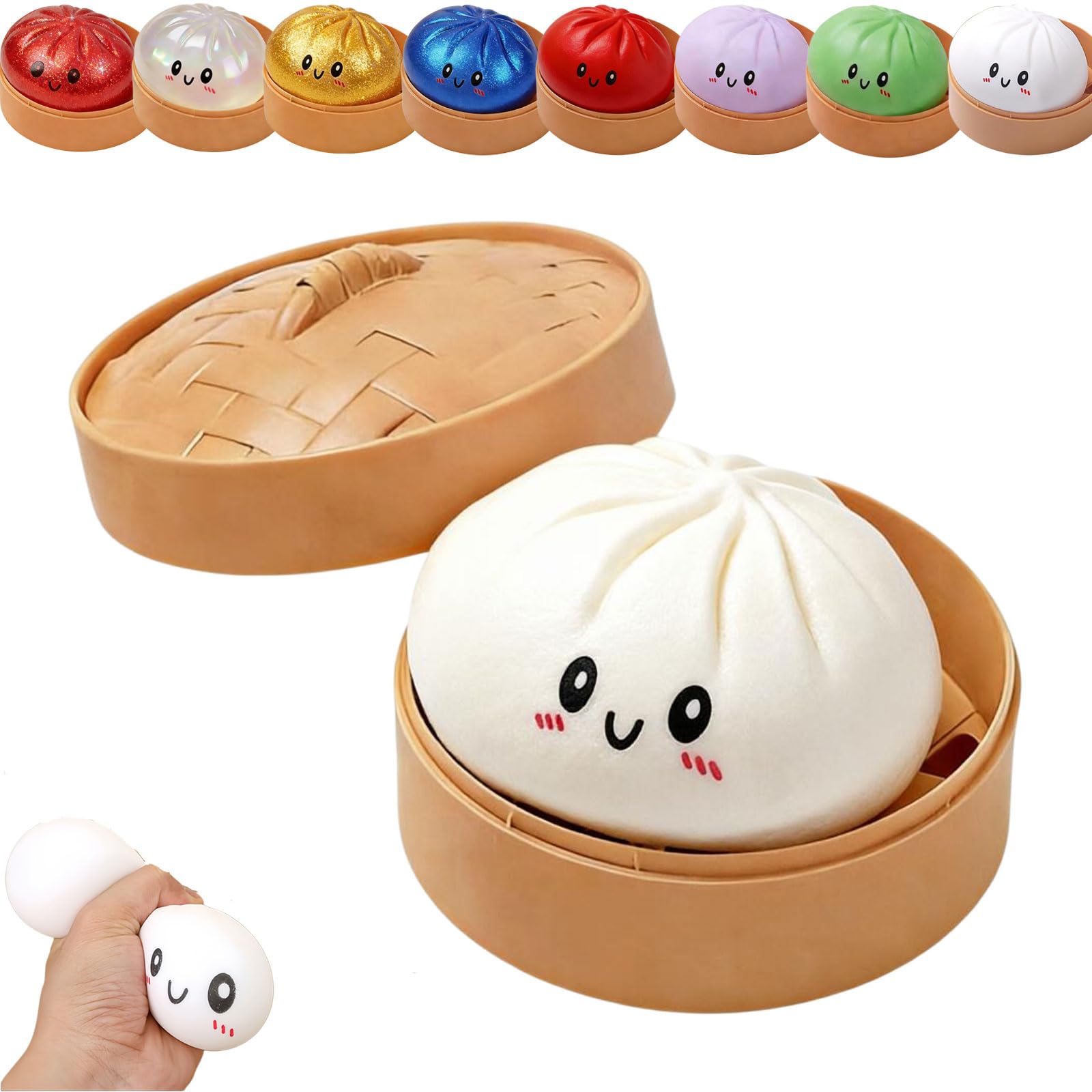 Dumpling Squishy, Squishy Dumpling Toy, Glitter Dumplings Squishiest Toy with Steamer Box, Stress & Anxiety Relief Toys for Kids & Adults Non-Edible (White) — view 18