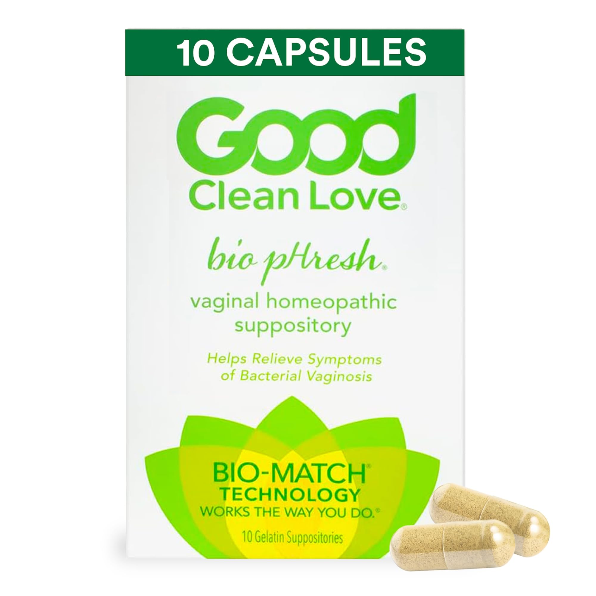 Good Clean Love BiopHresh Homeopathic Vaginal Suppository, Bacterial Vaginosis Treatment for Women, Relieves Itching & Irritation, Feminine Care, Promotes Urinary Tract & Vaginal Health, 10 Capsules