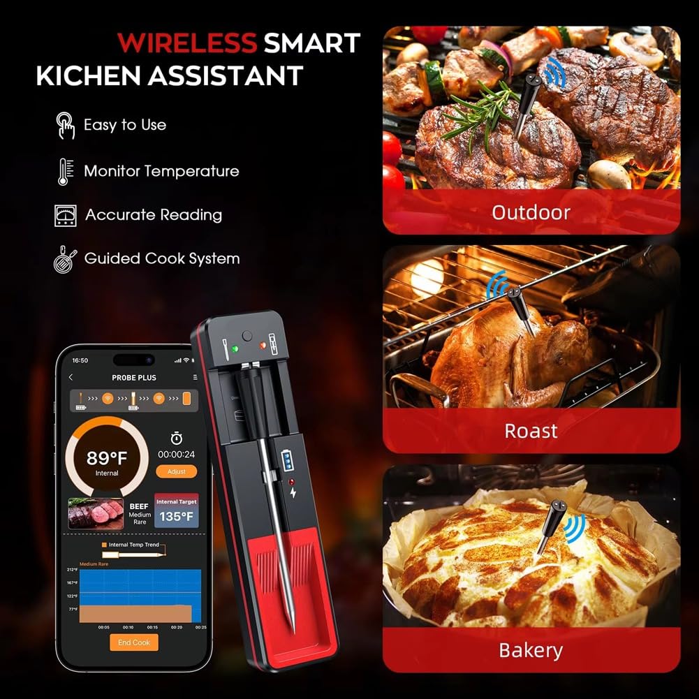 Termómetro Inalámbrico para Carne, Termómetro Digital con Sonda Bluetooth de 360 Pies, Compatible con para Monitoreo Remoto por Aplicación para Horno y Ahumador