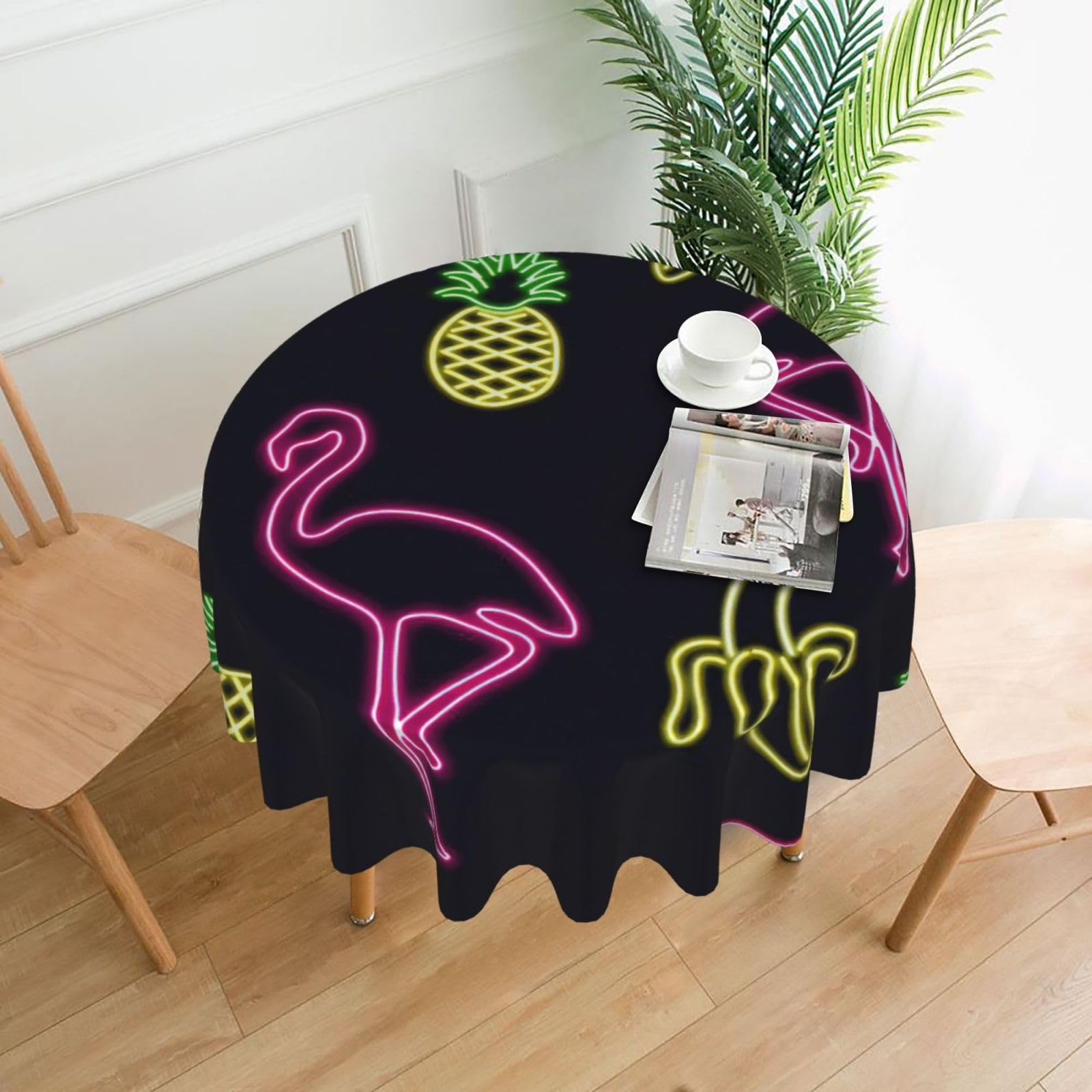 Uusnwaa Pineapple Banana Flamingo Print Round Tablecloth 60 Inch, Stain Wrinkle Resistant Washable Polyester Table Cover For Kitchen Party