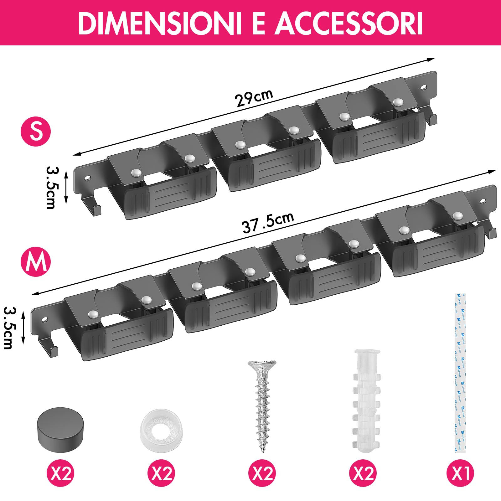 Portascope da Muro con 3 Supporti e 2 Ganci Autoadesivo Nero
