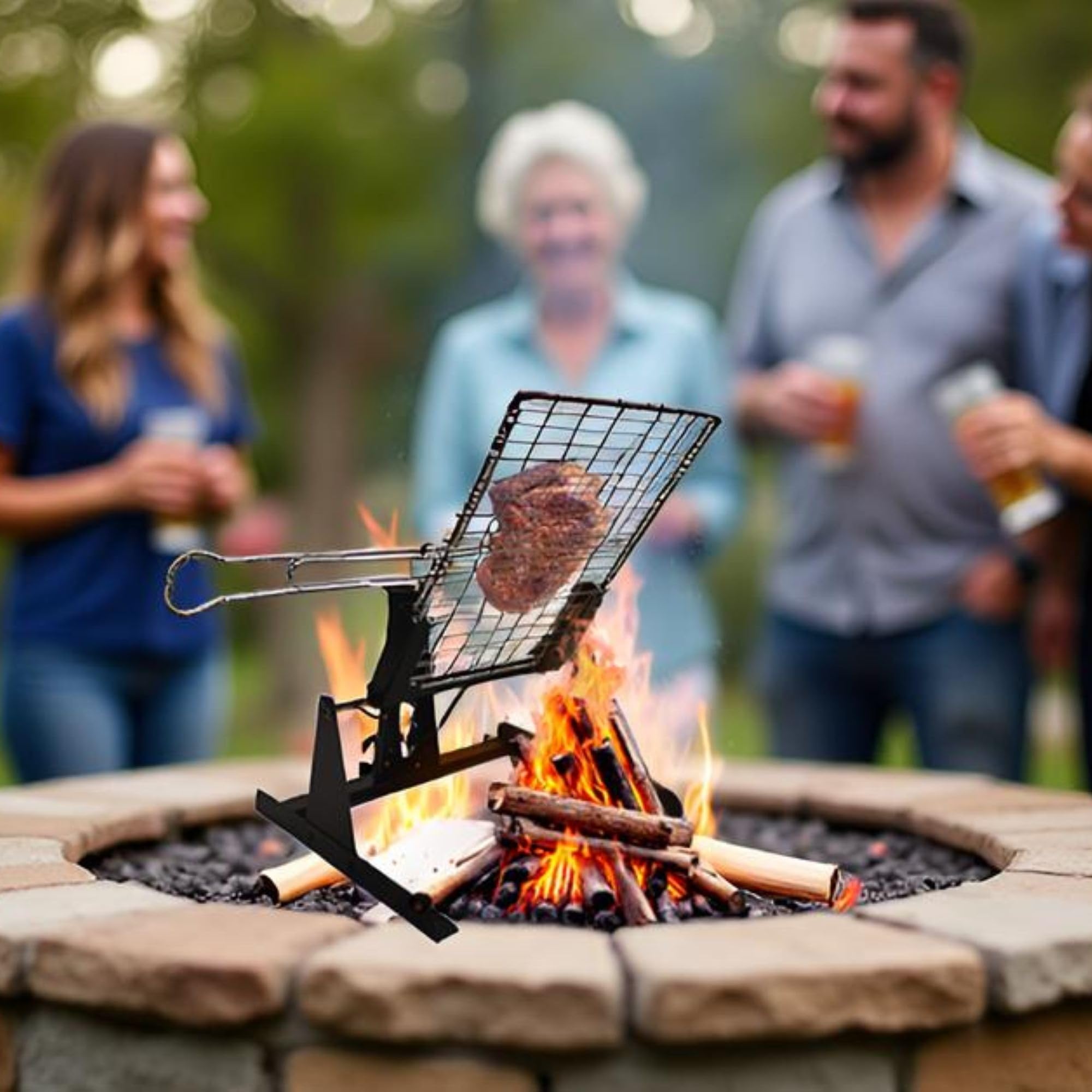 Flame Master Grid Holder: Portable, Adjustable and Lightweight BBQ Grill Holder, Perfect for Grilling Meat and Ribs at the Beach, Home, RV'ing, Camping, Mild Steel, Black