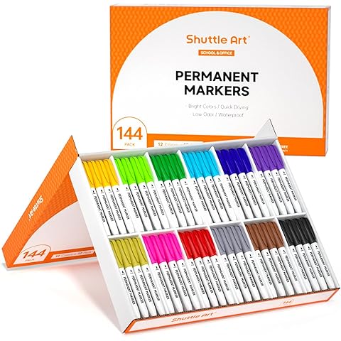 Shuttle Art 144 Pack Permanent Markers, Permanent Marker Assorted Colors, 12 Bright Colors Fine Point Permanent Markers For Kids and Adult Coloring on Wood, Stone, Glass as Office, School Supplies