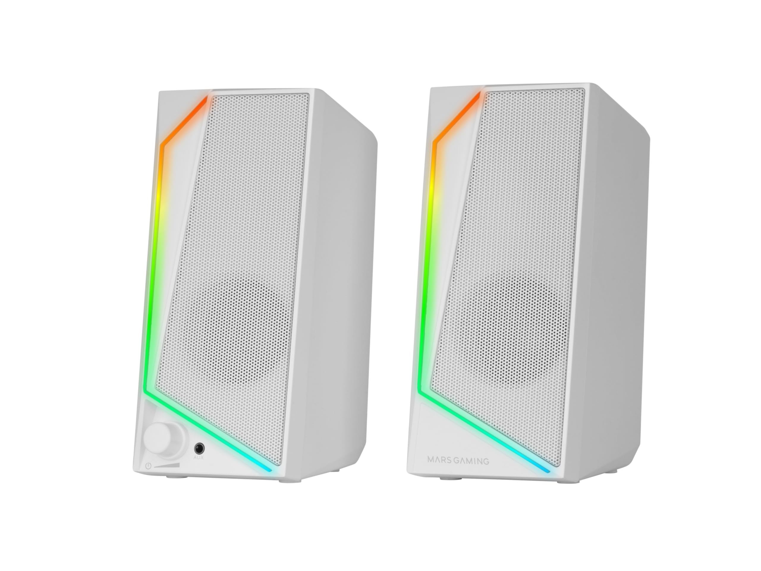 Mars Gaming MS72, Altoparlanti Gaming 15W, Illuminazione RGB Flow, 2 Driver Attivi, Chipset DSP, Connessione Plug&Play USB e Jack 3.5mm, Rotella Controllo Volume e Porta Audio per Cuffie, Bianco
