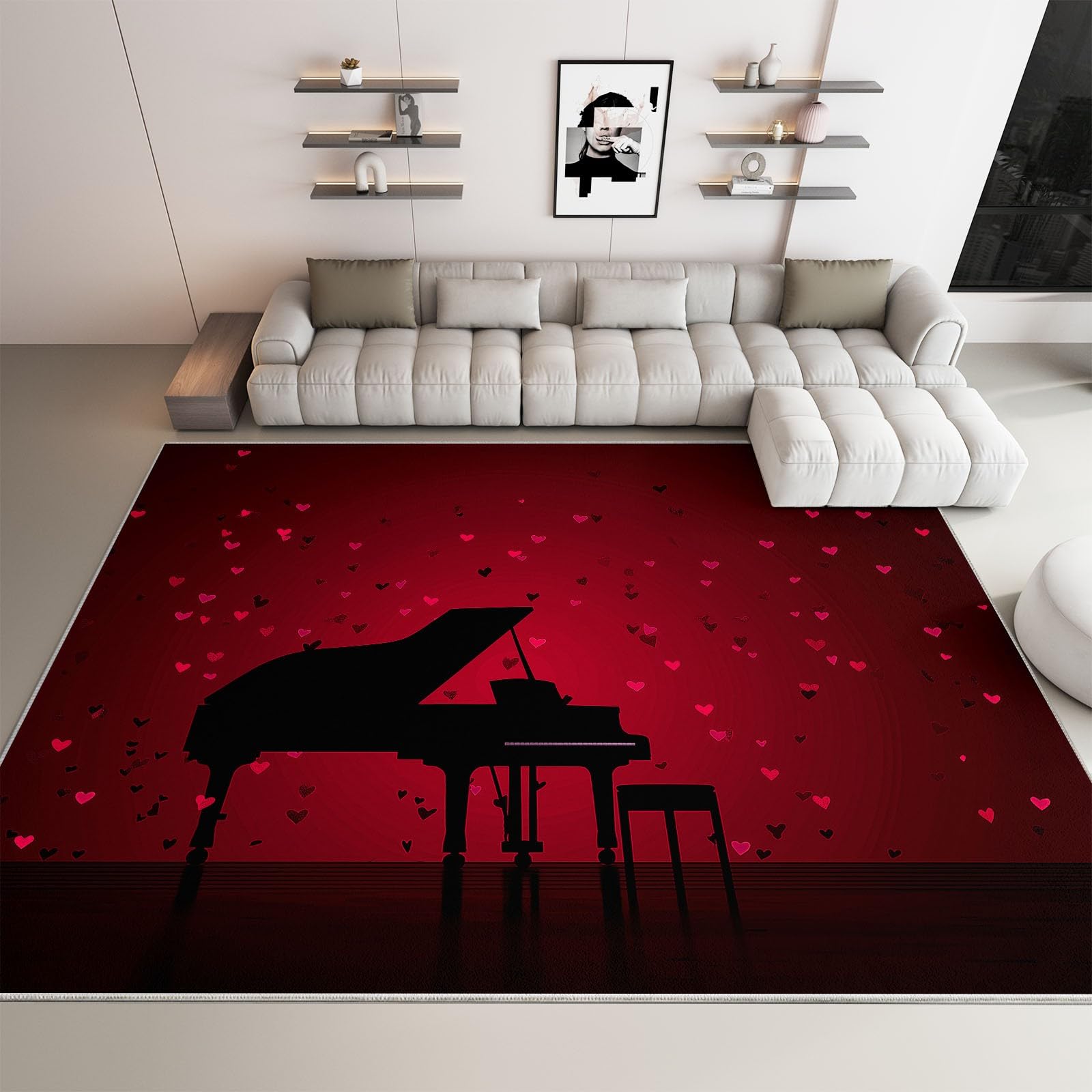 Generico Dywan do salonu Fortepian Czerwone Serce 180 x 240 cm Duży antypoślizgowy dywan do salonu, dywaniki do sypialni, nadające się do prania krótkie dywaniki z futra do pokoju dziecięcego do