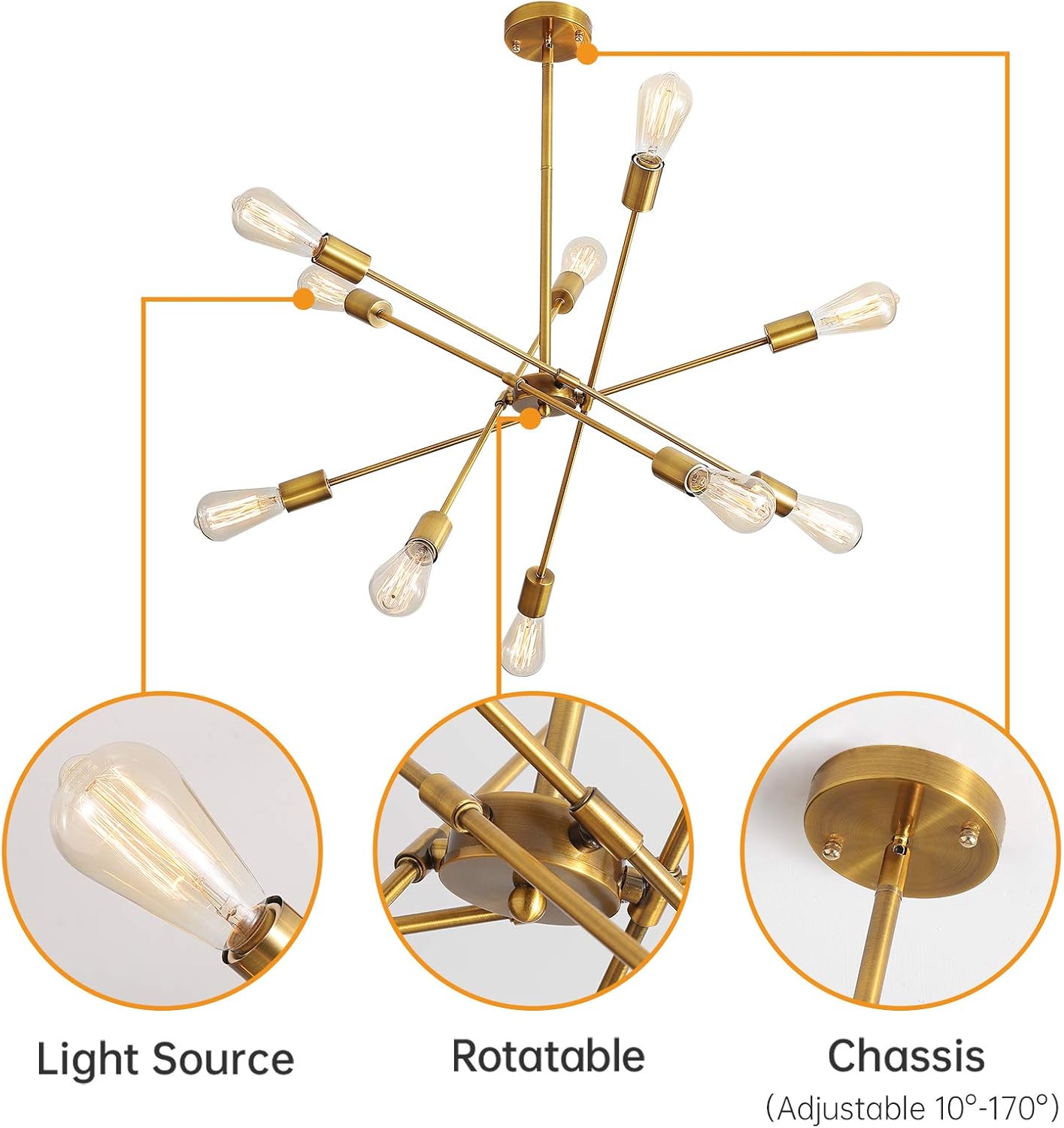 Fеаturеd Prоduсt Gold Sputnik Chandeliers, Modern Pendant Light Fixture Rotatable Poles for Dining Room Living Room Bedroom Cafe Bar Decoration