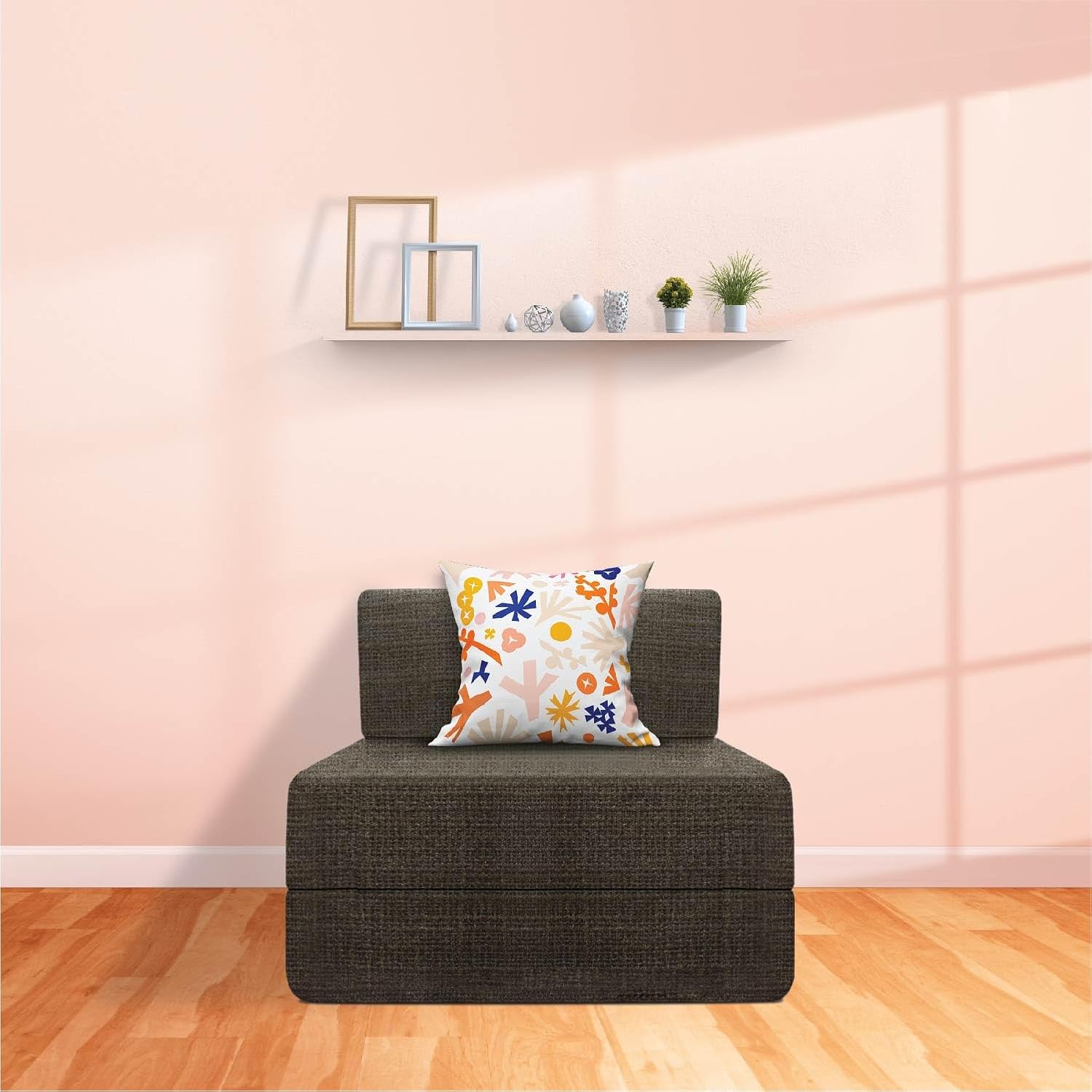 Starlon 1 Seater Sofa Cum Bed | Foldable Sofacum Bed | Jute Fabric Washable Cover Sofa | 3′ X 6′ Feet | Grey with Floral Pillow Starlon 1 Seater Sofa Cum Bed | Foldable Sofacum Bed | Jute Fabric Washable Cover Sofa | 3′ X 6′ Feet | Grey with Floral Pillow