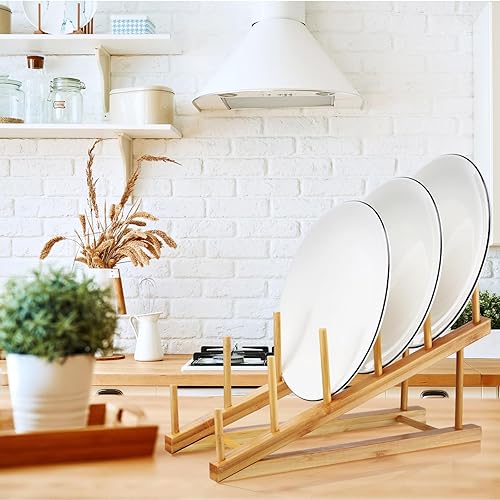 Miniatura 5 de Suclain Estante de madera para platos de madera, soporte de secado de bambú, organizador de platos de cocina, soporte de placa para gabinete, tabla