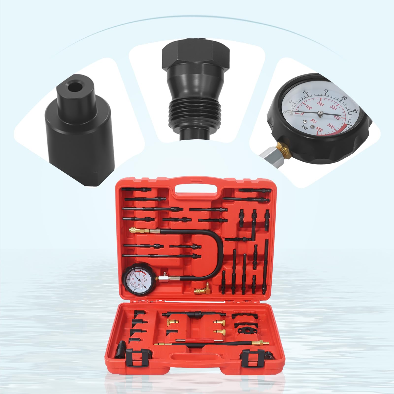 Juego de comprobación de compresión de 40 bares para motores de gasolina y diésel, juego de herramientas de prueba de compresión para coches y motocicletas (45 x 35 x 5 cm)