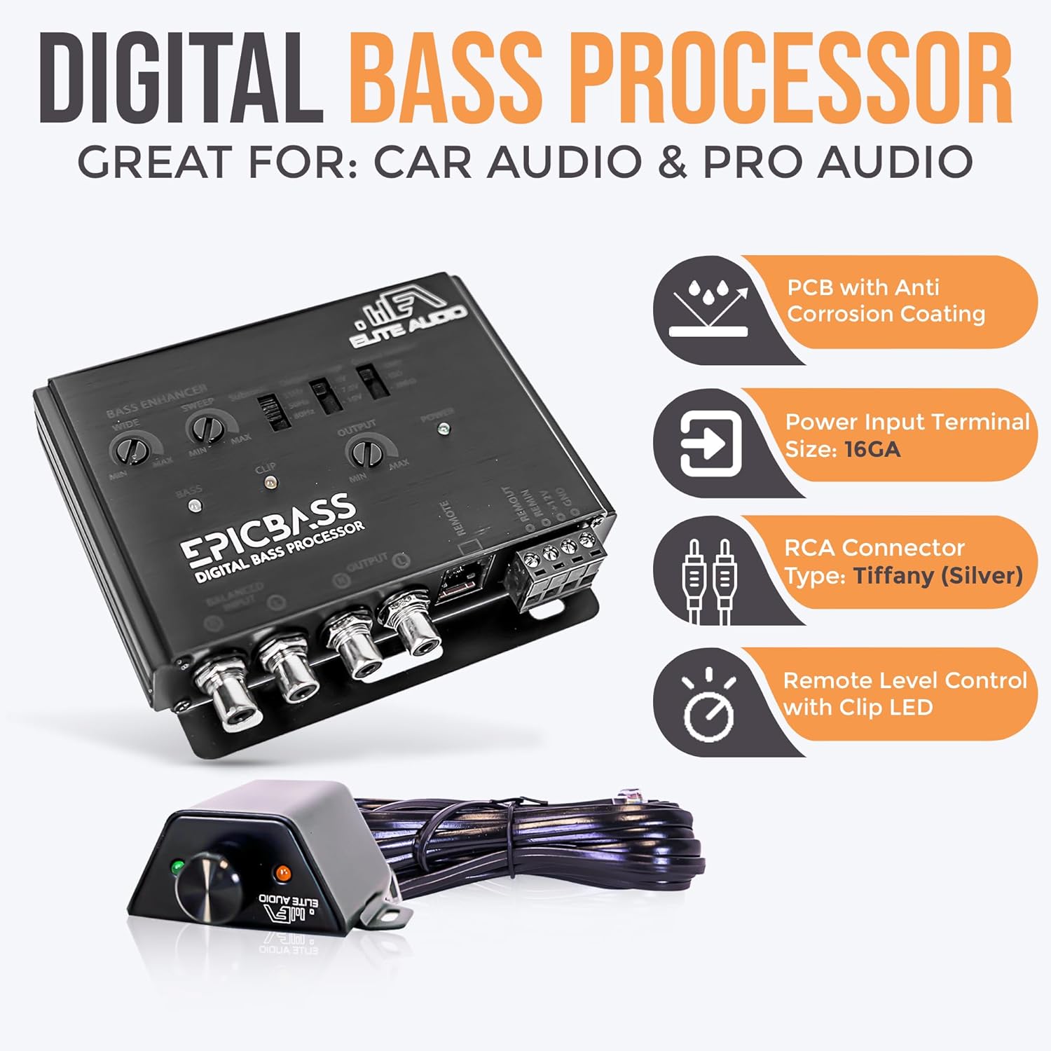 Elite Audio Epicbass Processor Pro Series RCA Install Package: 1x Epicbass Digital Bass Processor & 1x 17 ft 4-Channel RCA Cable for Car Audio Installation