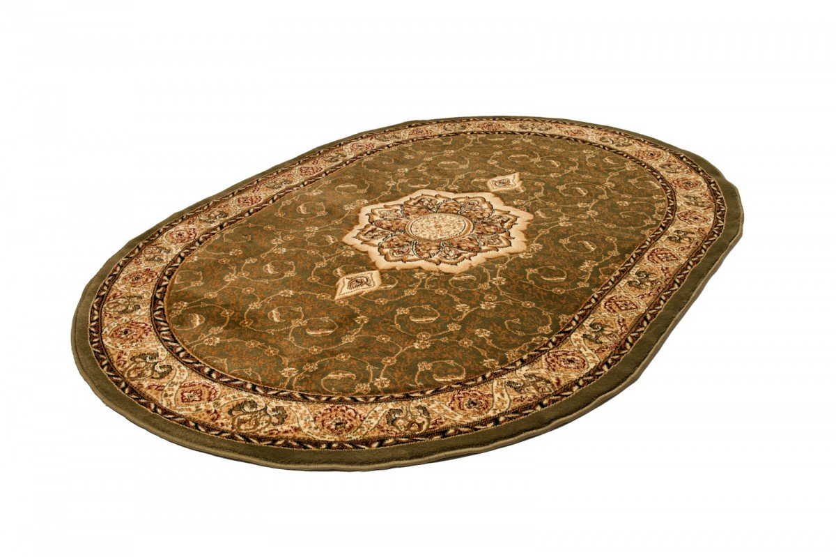 TAPISO Yesemek Ovale Tapis de Salon Chambre Design Traditionnel Vert Beige Médaillon Fleures Feuilles 70 x 140 cm