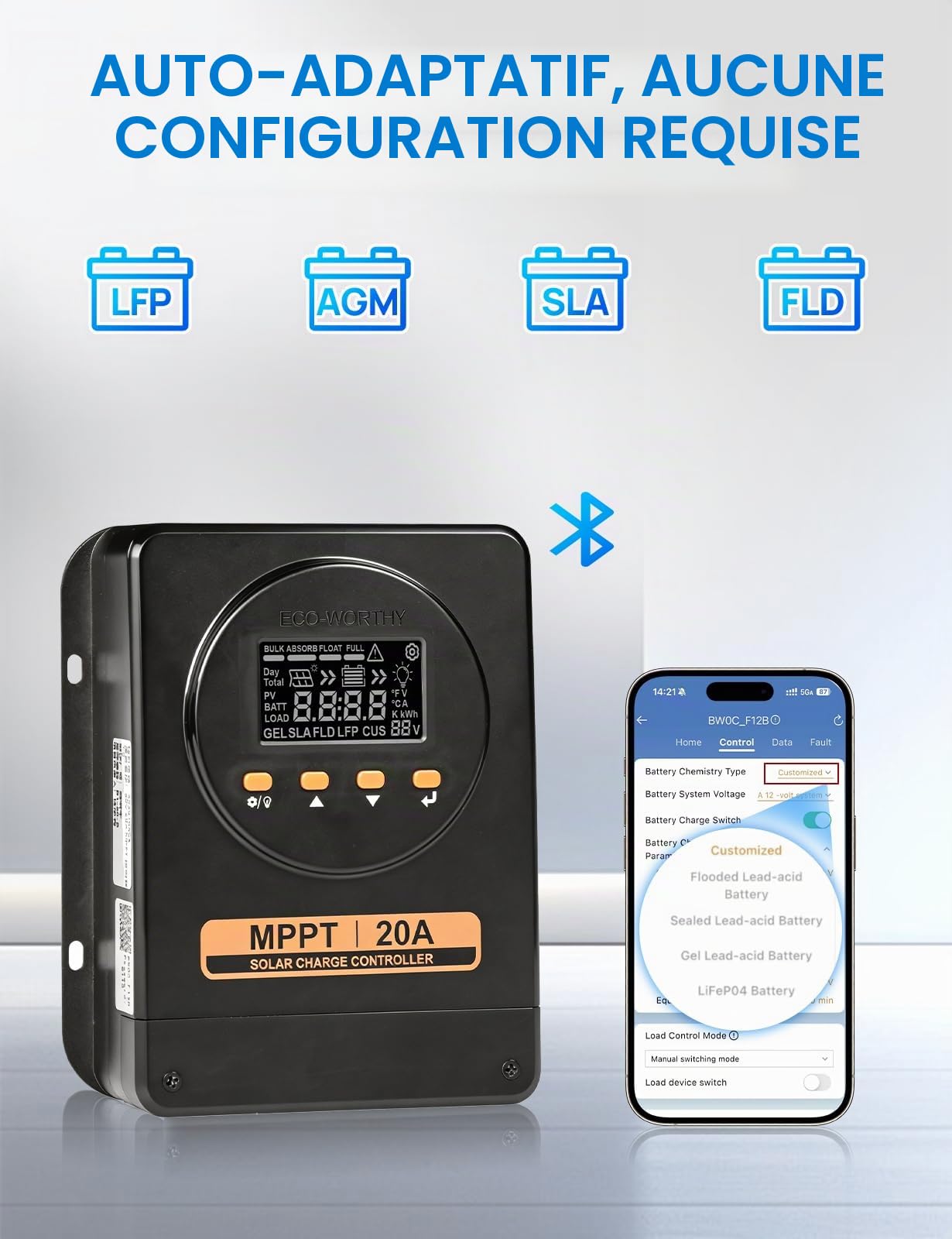 ECO-WORTHY Régulateur de charge MPPT 20 A, 12 V/24 V avec détection automatique, Bluetooth, application et écran, compatible avec les batteries plomb-acide, SLA, FLD, LFP, convient pour camping-car et