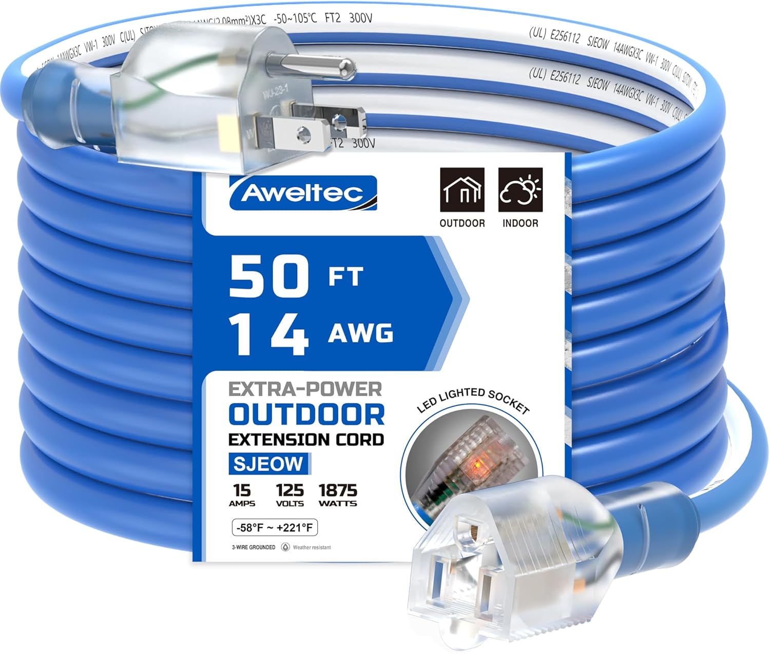 14 Gauge 50 feet Extension Cord Pure Copper Outdoor,14/3 Gauge Heavy Duty, Waterproof & Cold Resistant, with 3 Prong Lighted End, 15A 1875W SJEOW, Flexible for Outside Use