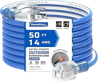 14 Gauge 50 feet Pure Copper Extension Cord Heavy Duty,Blue | 14/3 Gauge Heavy Duty, Waterproof & Cold Resistant, with 3 Prong Lighted End, 15A 1875W SJEOW, Flexible for Outside Use