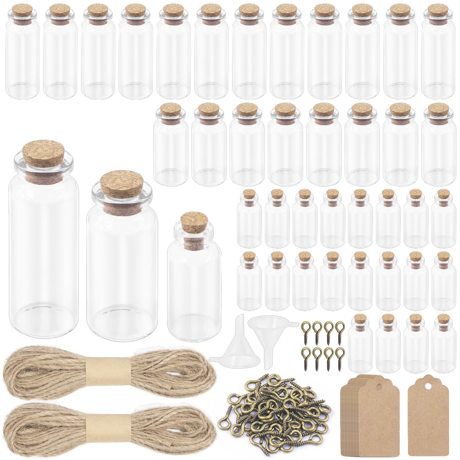 Swpeet 148 piezas de 3 tamaños, mini botellas de vidrio con tapones de corcho, tornillos para ojos, cordel, embudo y etiquetas surtidas, kit de mini tarros de vidrio con tapones de corcho para