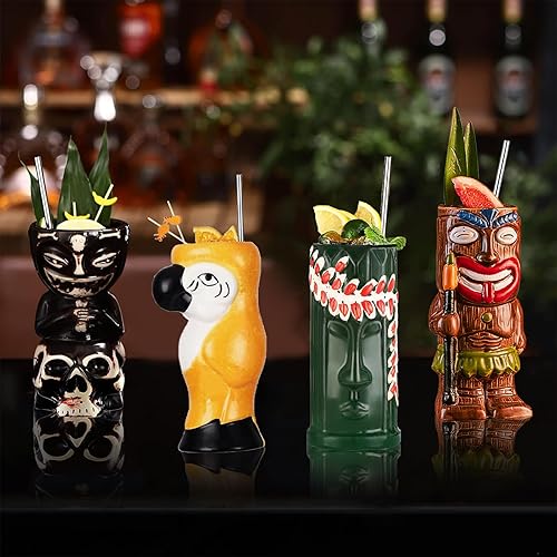 Miniatura 5 de Juego de 4 tazas Tiki para cóctel, vasos Tiki de cerámica con pajitas y posavasos. Vasos de cóctel exóticos para fiesta hawaiana, vasos tropicales