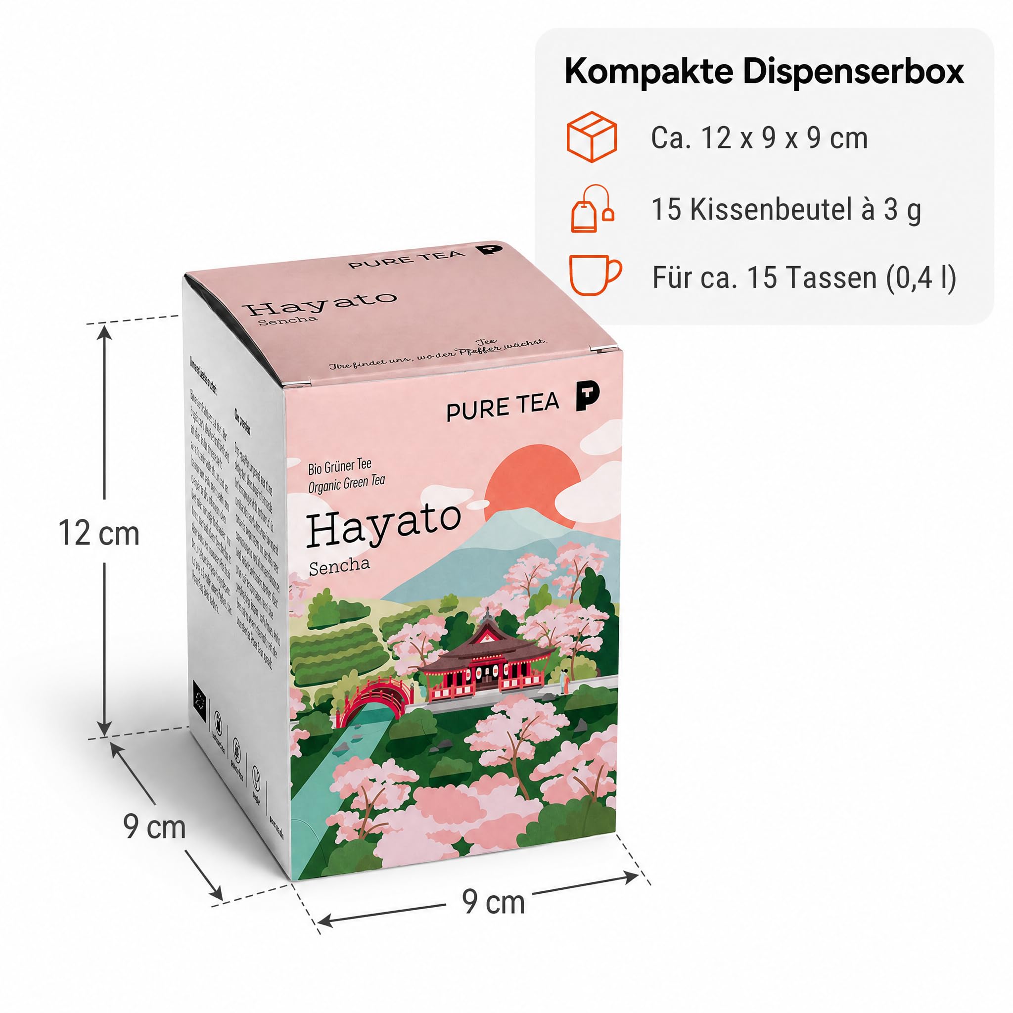 6 x Pure Tea Grüner Tee Sencha Hayato, japanischer Grüntee im Kissenbeutel, 15 Beutel à 3 g, Premiumqualität, Dispenserbox, frisch-duftiges Aroma