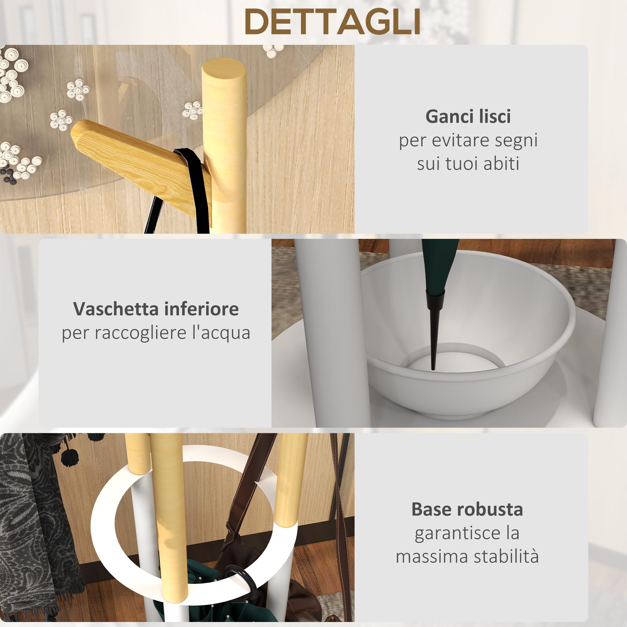HOMCOM Appendiabiti da Terra di Design 30.5x30.5x174.5cm Legno e Bianco | Portaombrelli e 12 Ganci, Metallo e Bambù