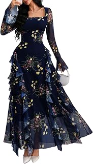GothDark Women's Floral Dress Long Sleeve Square Neck Ruffle Party Outfit | Stretch Mesh Fabric, Square Neck, Ruffle Layered Hem, Bell Sleeve, Date Night, Wedding Guest, Party, Church, Elegant Dress