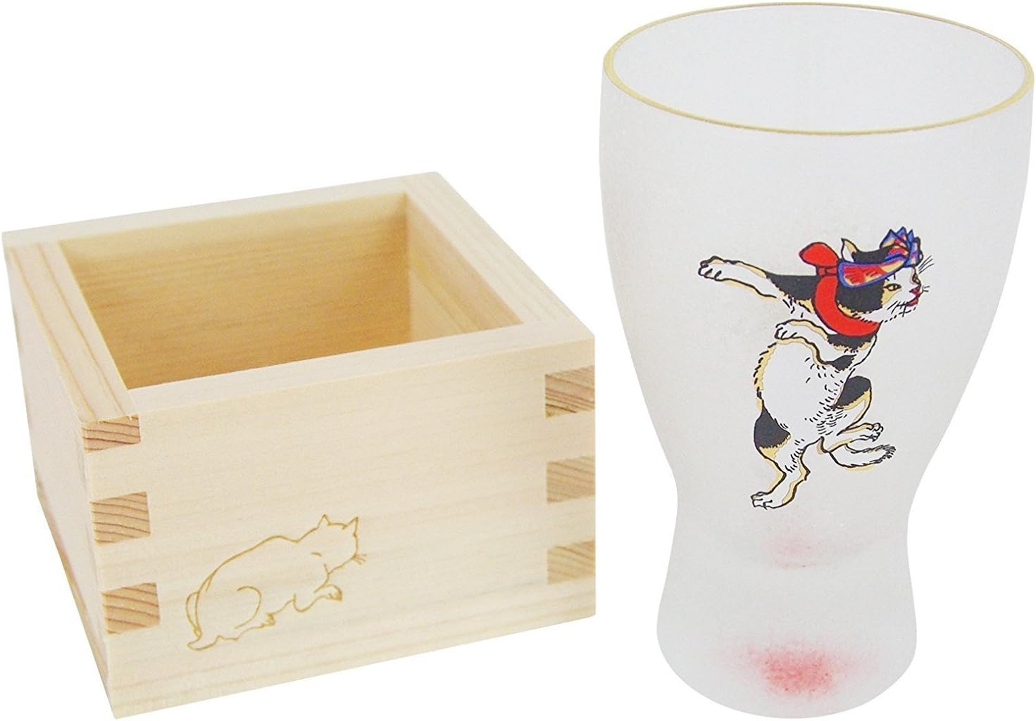 Aderia JapanEdo Neko (cat) MasuZake Glass (Japanese Sake) Cute Cats Cat w/Headband 6614 from Japan