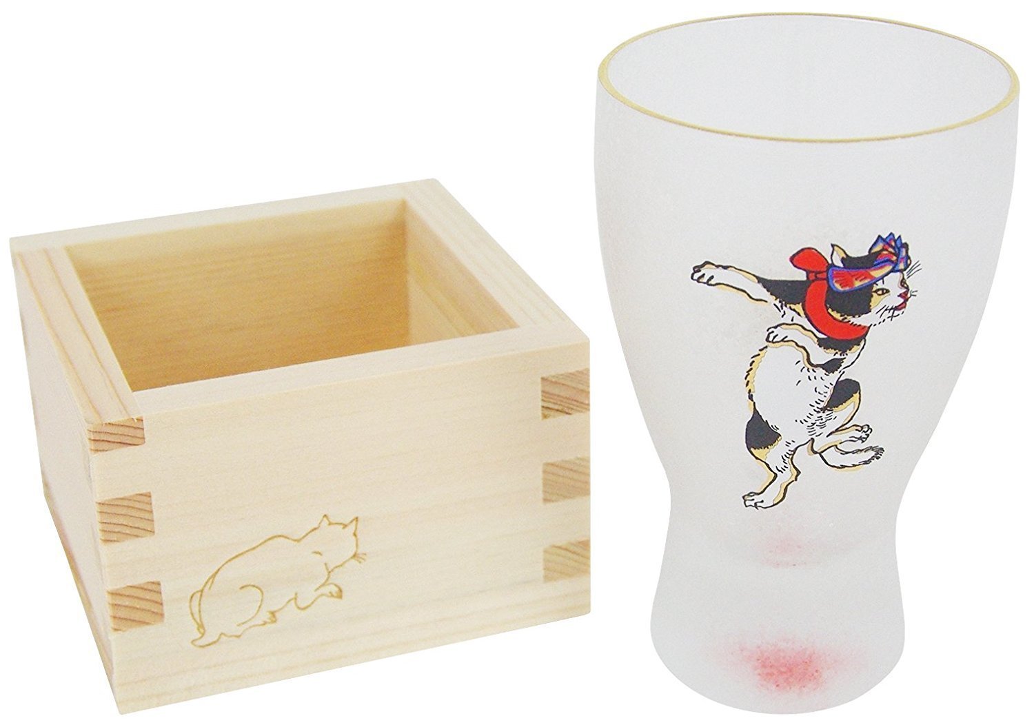 Aderia JapanEdo Neko (cat) MasuZake Glass (Japanese Sake) Cute Cats Cat w/Headband 6614 from Japan