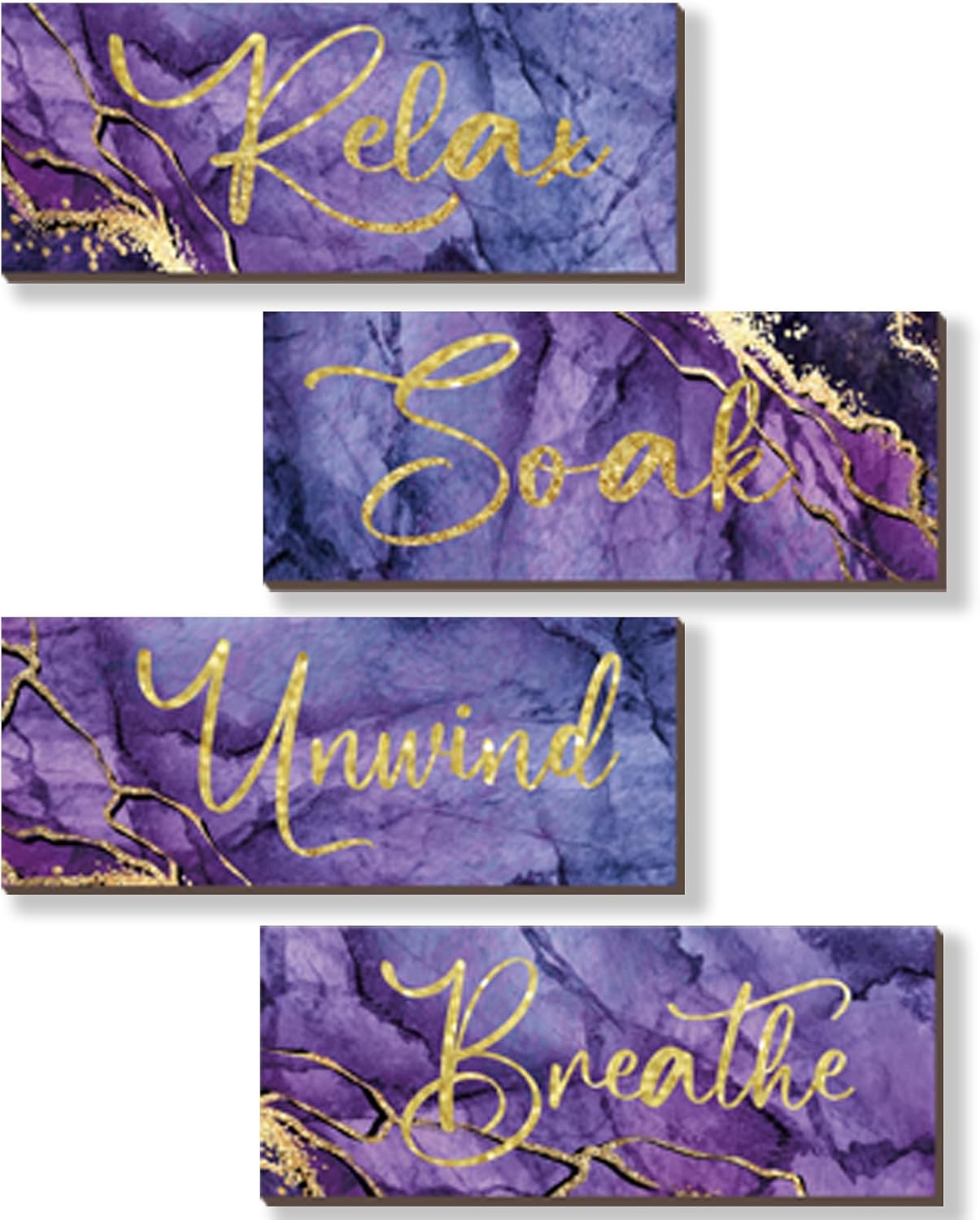 ONIZHITY 4 Pcs Purple and Gold Bathroom Decor Purple Gold Wall Decor Relax Soak Unwind Breathe Wooden Rustic Marble Style Bathroom Accessories for Bedroom Living Room Decor (10X4)