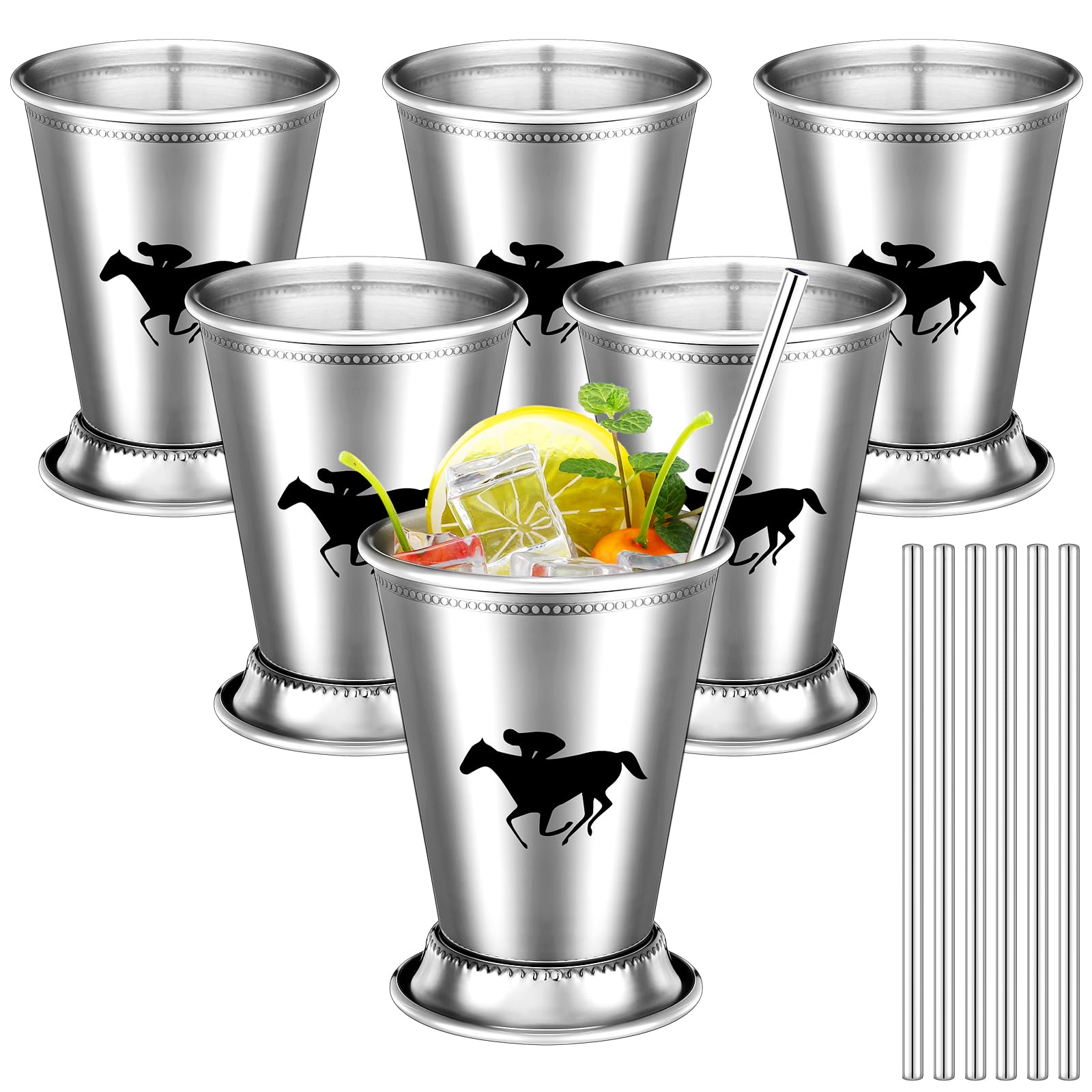 Dingion 6 Pcs Derby Mint Julep Cups 12 oz Stainless Steel Mint Julep Set with 6 Drinking Straws Derby Mint Julep Cups Silver Stainless Steel Cups for Horse Racing Derby Party Supplies
