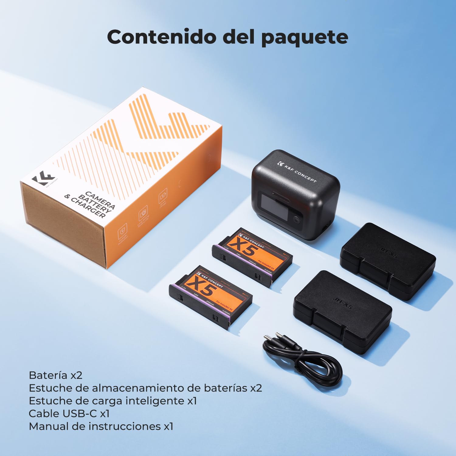 K&F CONCEPT Insta360 X5 Batería y Cargador Rápido de 20W, 2 Baterías 2700mAh y Estuche Cargador Inteligente con LCD, Compatible con Insta360 X5
