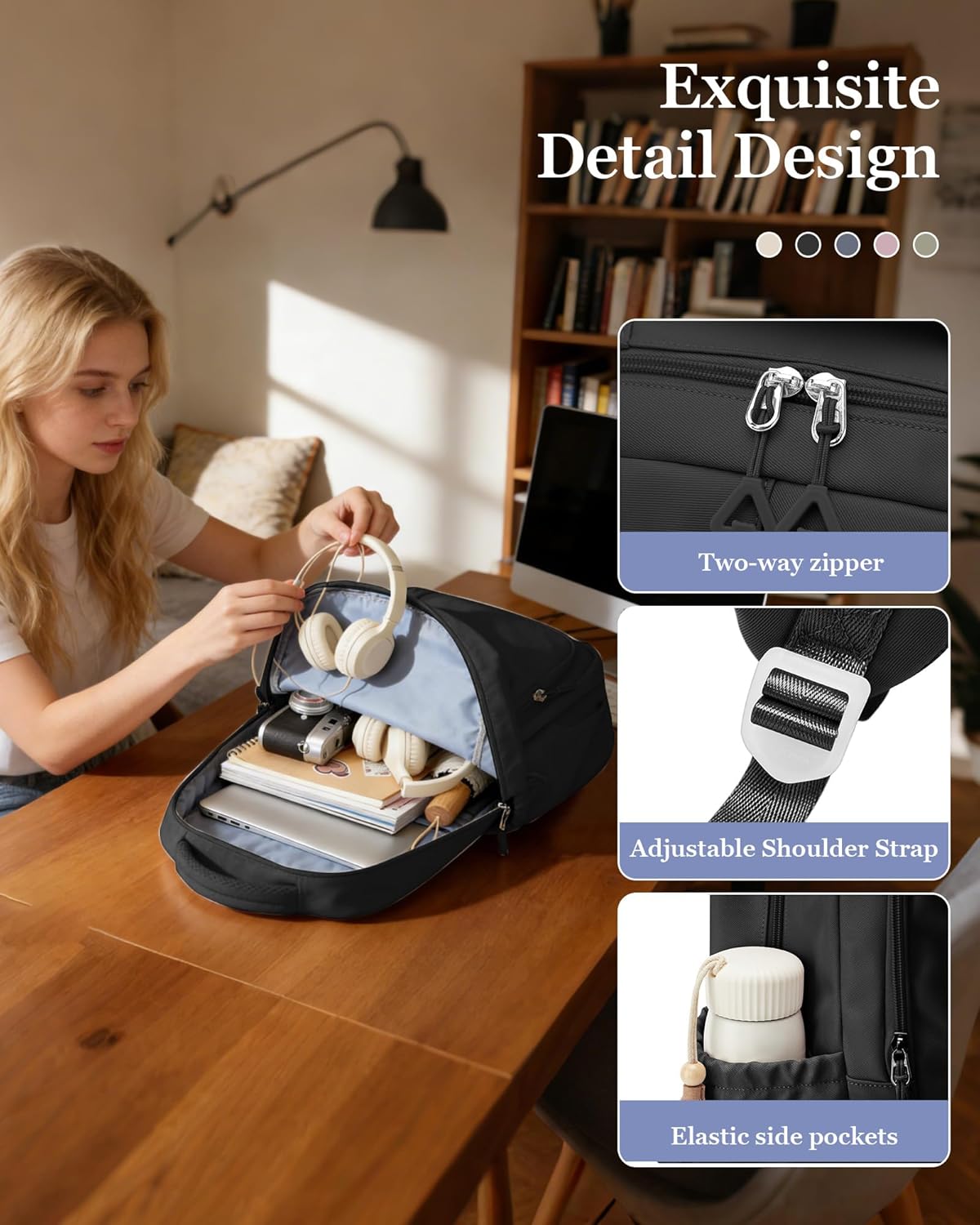 Black School Backpack for Women Men Cute Backpack for College Students Lightweight High School bag for Teens Girls Boys Waterproof Casual Daypacks Bookbag - Image 4