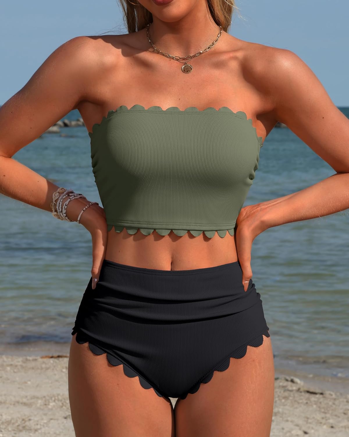 Charmo Strapless High Waisted Bikini Sets for Women Tummy Control Scallop Ribbed Bandeau Swimsuit Lace up Bathing Suits