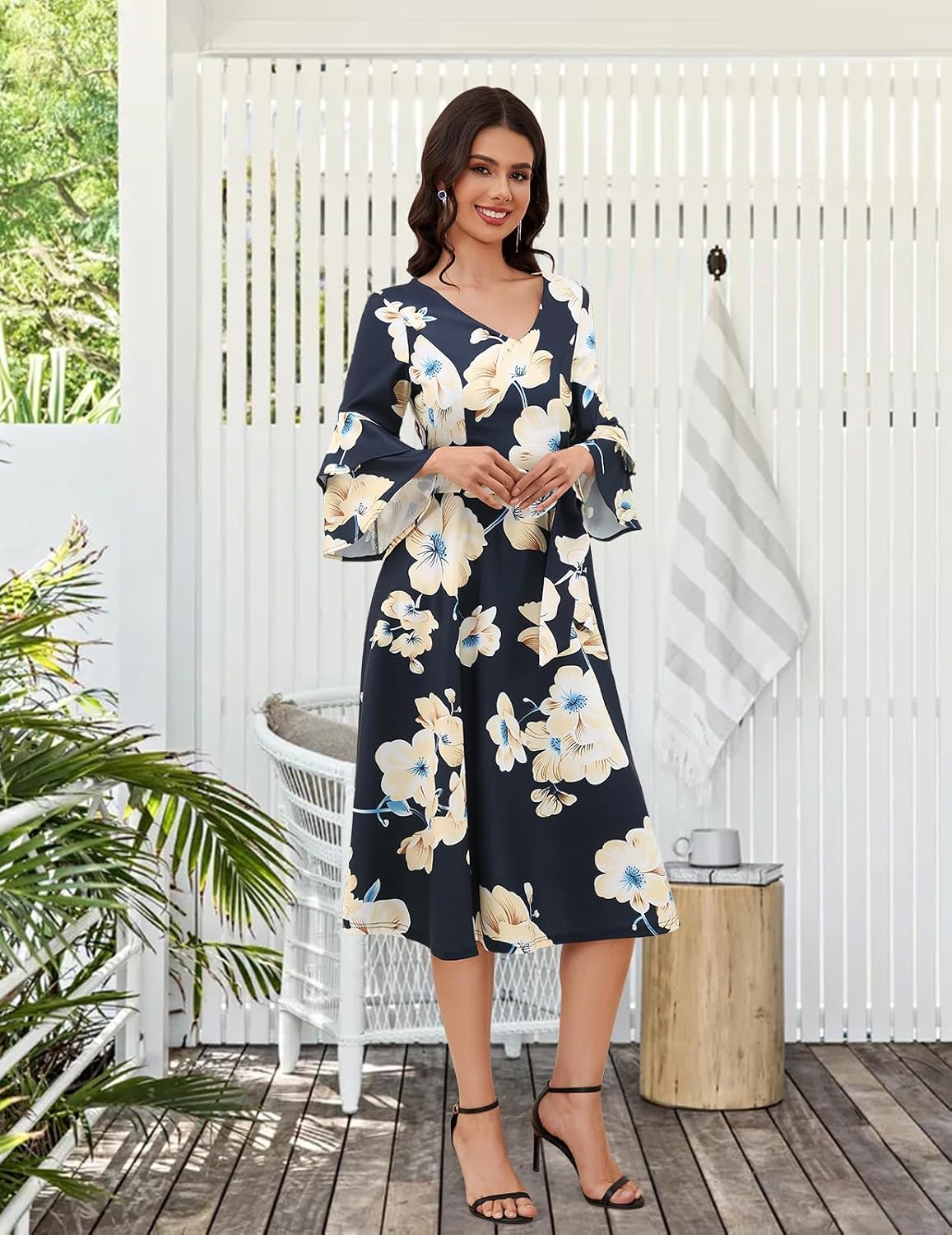 Size XL...Womens Cocktail Dress 2025 Homecoming Fall Vintage Long 3/4 Bell Sleeves Semi Formal Dresses for Wedding Guest