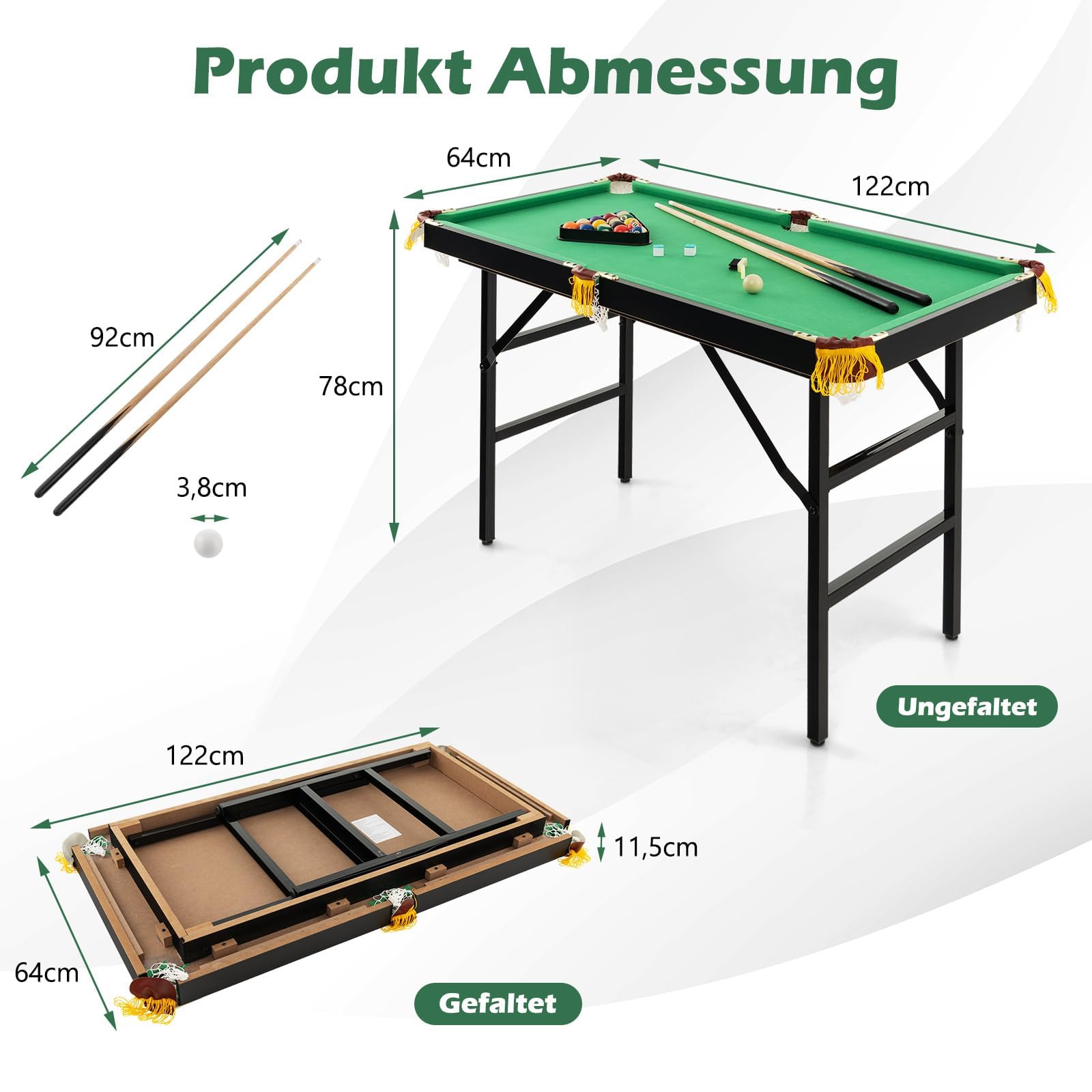 COSTWAY Billardtisch klappbar, Billiard Tisch mit Zubehör, Pooltisch mit 2 Queues, 2 Kreiden, Dreieck & Bürste, Tischbillard aus Holz, Snookertisch für Kinder, Erwachsene, 122 x 64 x 78 cm