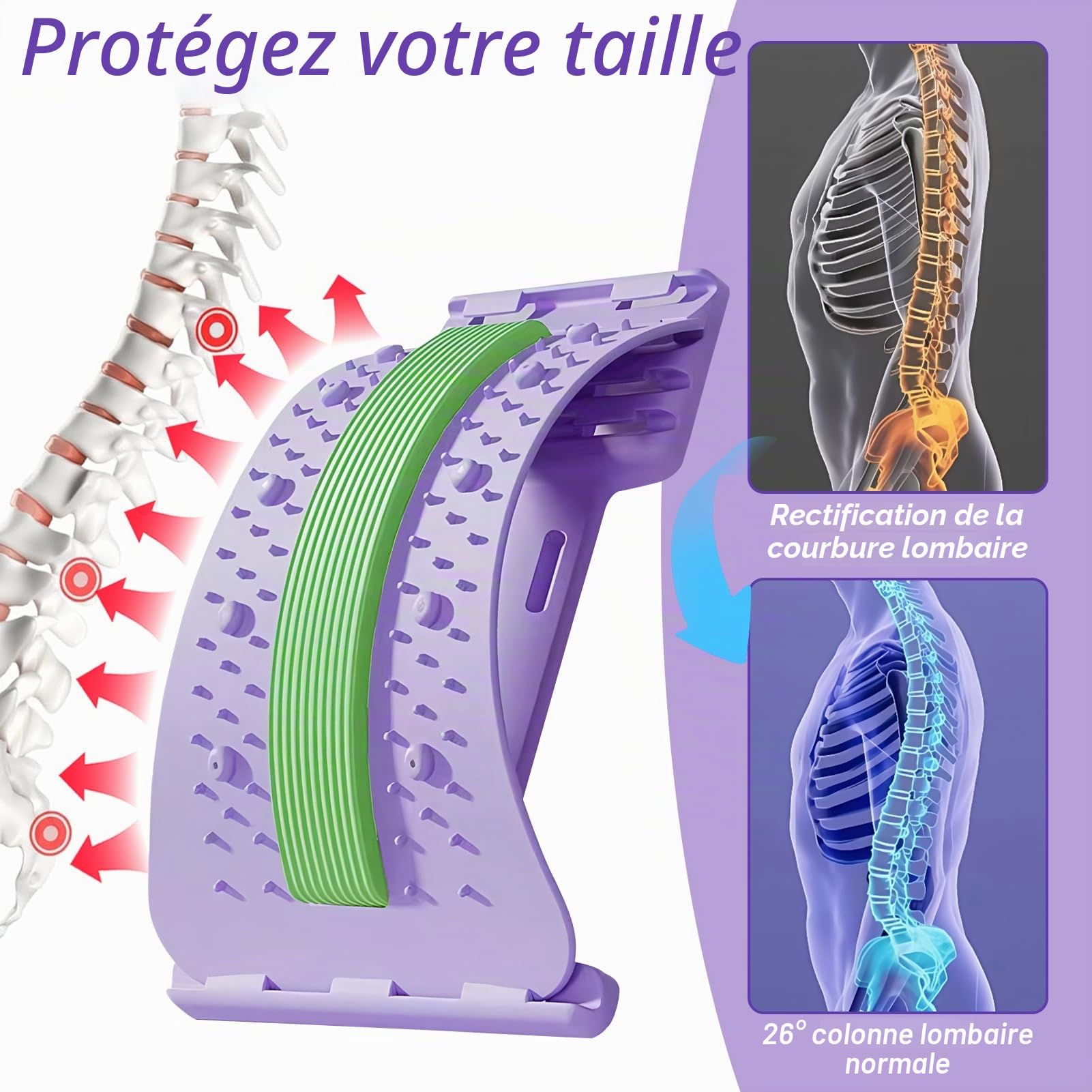 Magic Stretcher Planche de Soutien Lombaire 4 niveaux réglables 10 magnétique Violet