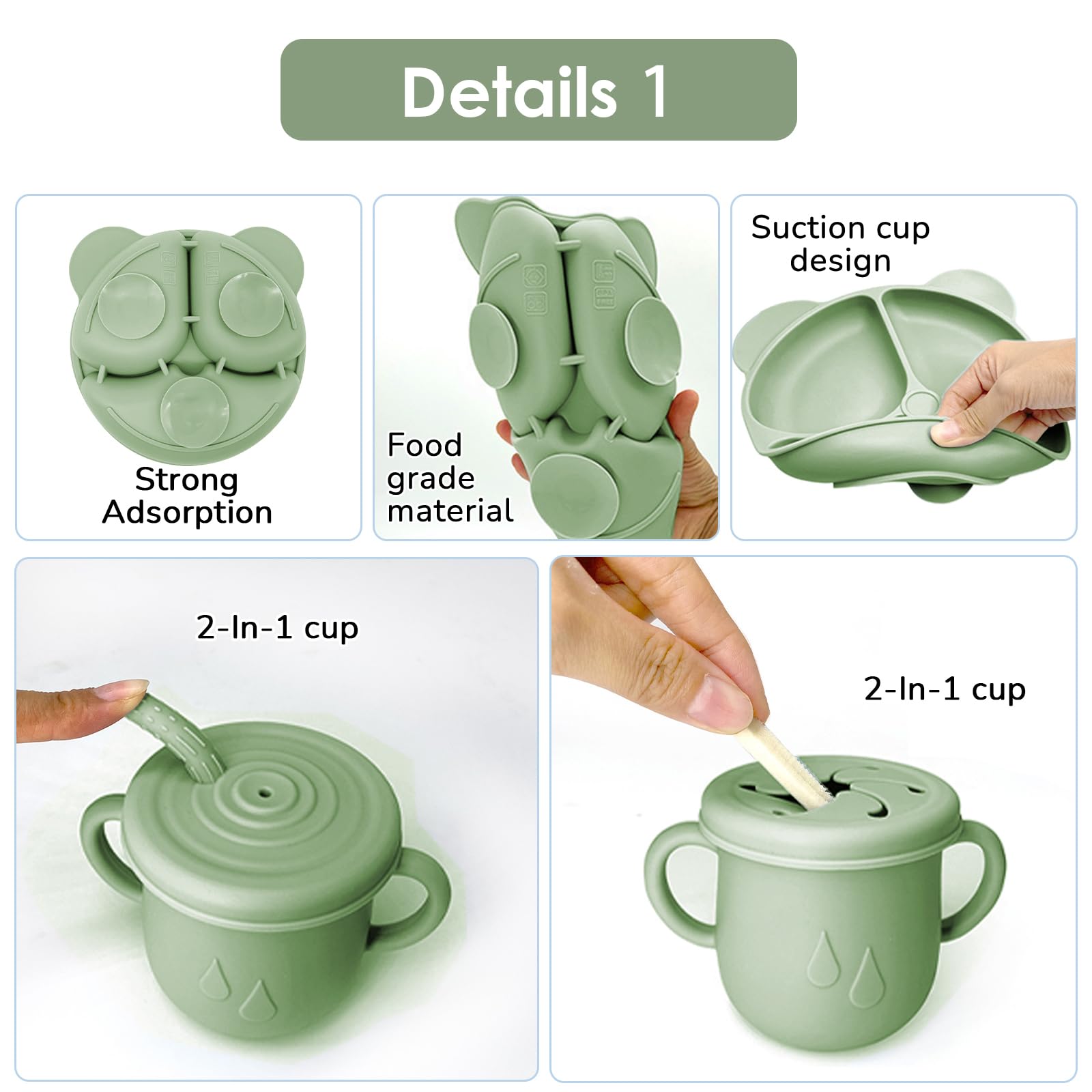 14 Pezzi Set Pappa Svezzamento, Svezzamento Set Silicone Piatto con Ventosa Piatto Ciotola Tazza Bavaglino Cucchiaio Forchetta, Set di Posate per Bambini per Lo Svezzamento e L'Alimentazione (Verde1)