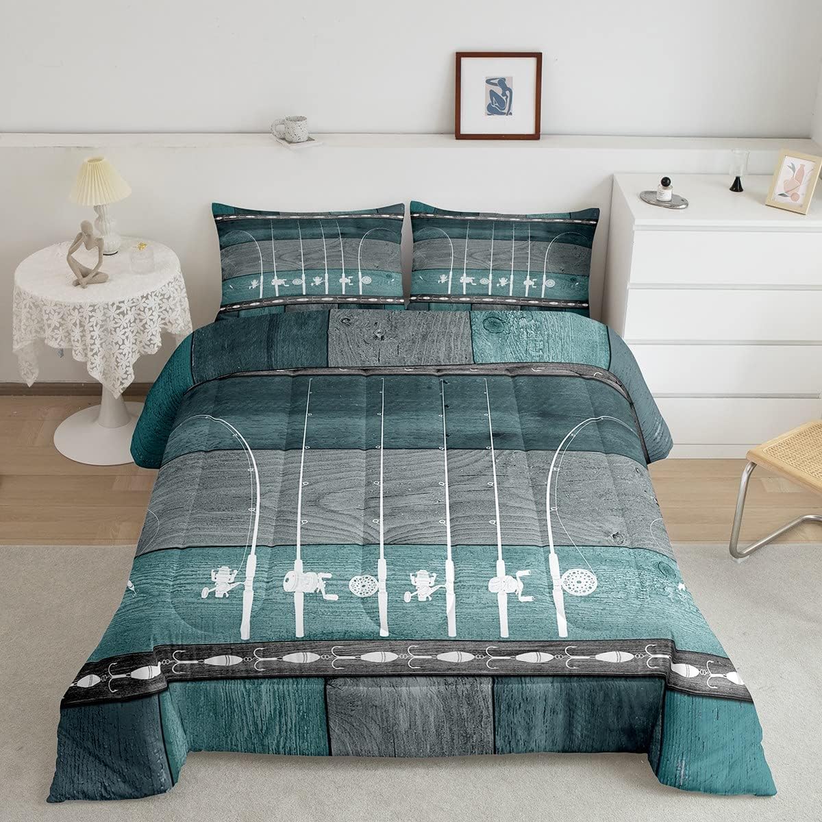 Fishing Quilt Fishing Pole Queen Comforter Set Fishing Gifts for Men,Vintage Patchwork Wood Bedding Comforter Sets Go Fish Duvet Insert,Angle Hook Fishing Accessories Rustic Home Decor,Teal Grey