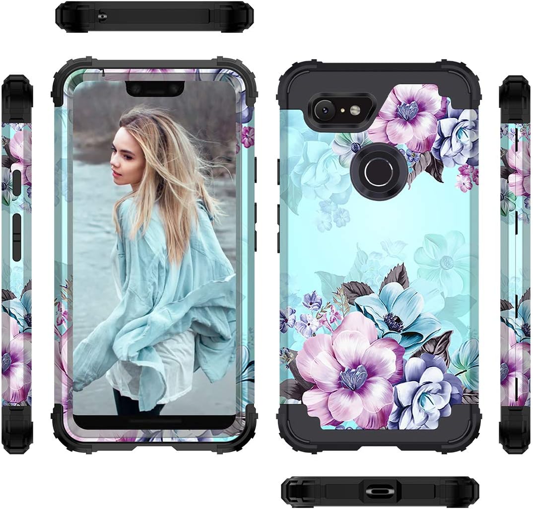 Casetego Compatible with Google Pixel 3 XL Case,Floral Three Layer Heavy Duty Hybrid Sturdy Shockproof Full Body Protective Cover Case for Google Pixel 3 XL,Blue