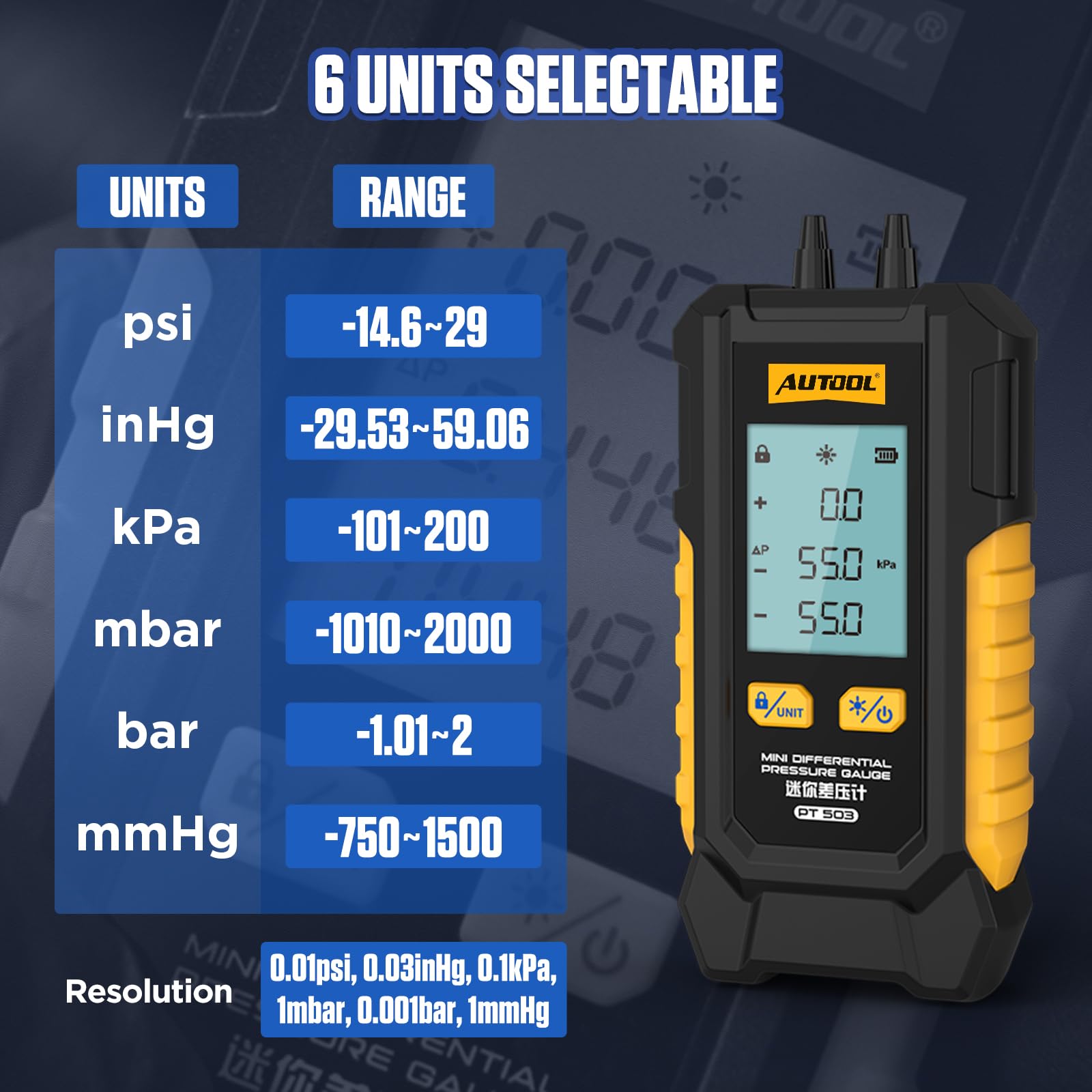 AUTOOL Manomètre de Pression de Gaz, PT503 Manomètre de Digital Numérique Manomètre Différentiel HVAC, ±0.5% FSO Précision, 101Kpa~200Kpa, écran LCD Rétroéclairé