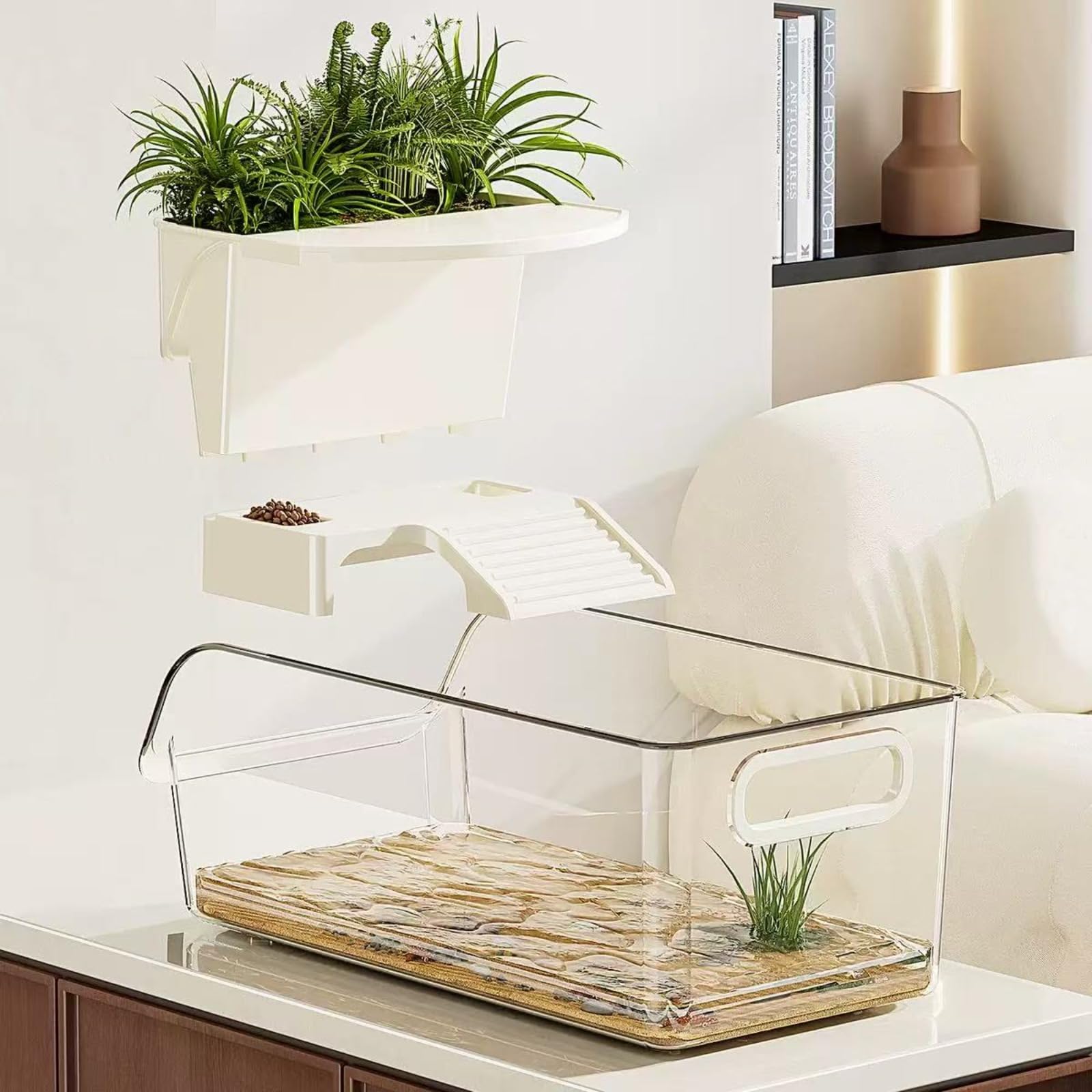 Terrario Grande con Plataforma para Terrario de Tortugas con Plataforma para Tomar el Sol y Rampa,Tanque Transparente para Tortugas Recinto para Reptiles， Cangrejos y Pequeños Peces,