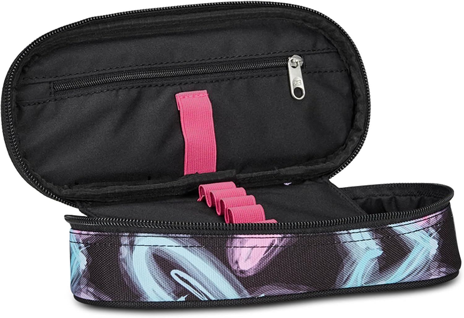 Seven Round Plus School Pencil Holder, Black and Purple, Freethink Girl, Oval Pouch with Inner Pocket and Elastic Pen Holders, Backpack Accessories, Elementary, Medium, Top, Girls