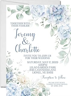 Blue Hydrangea Wedding Invitations, Garden Floral, Personalized, Set of 12 Invitations with Envelopes