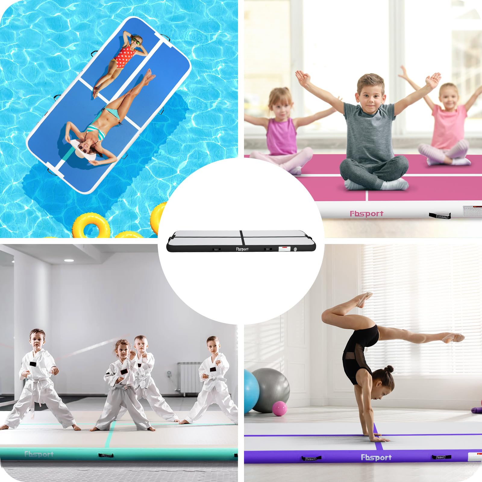 FBSPORT Airtrack Matte 3/4/5 m Trainingsmatte, 10/20 cm Dicke Tumbling Matten mit Luftpumpe und Tragetasche, Gymnastikmatte für Zuhause/Yoga/Outdoor/Tumbling/Gym/Training/Cheerleading/Wasser