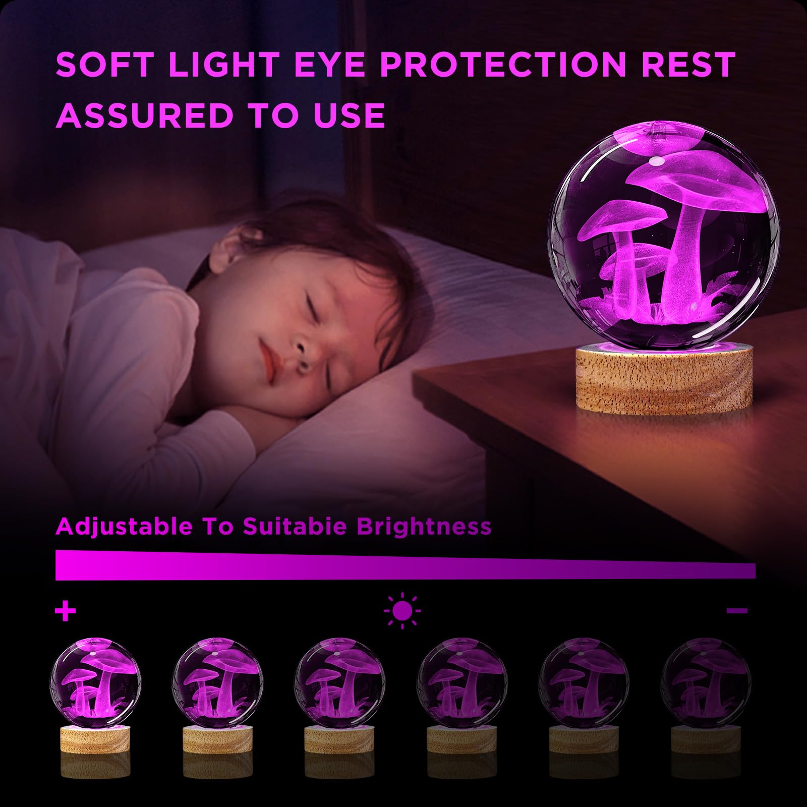 Mushroom Crystal Ball Night Light - 3.15 inch Glass Ball Lamp with