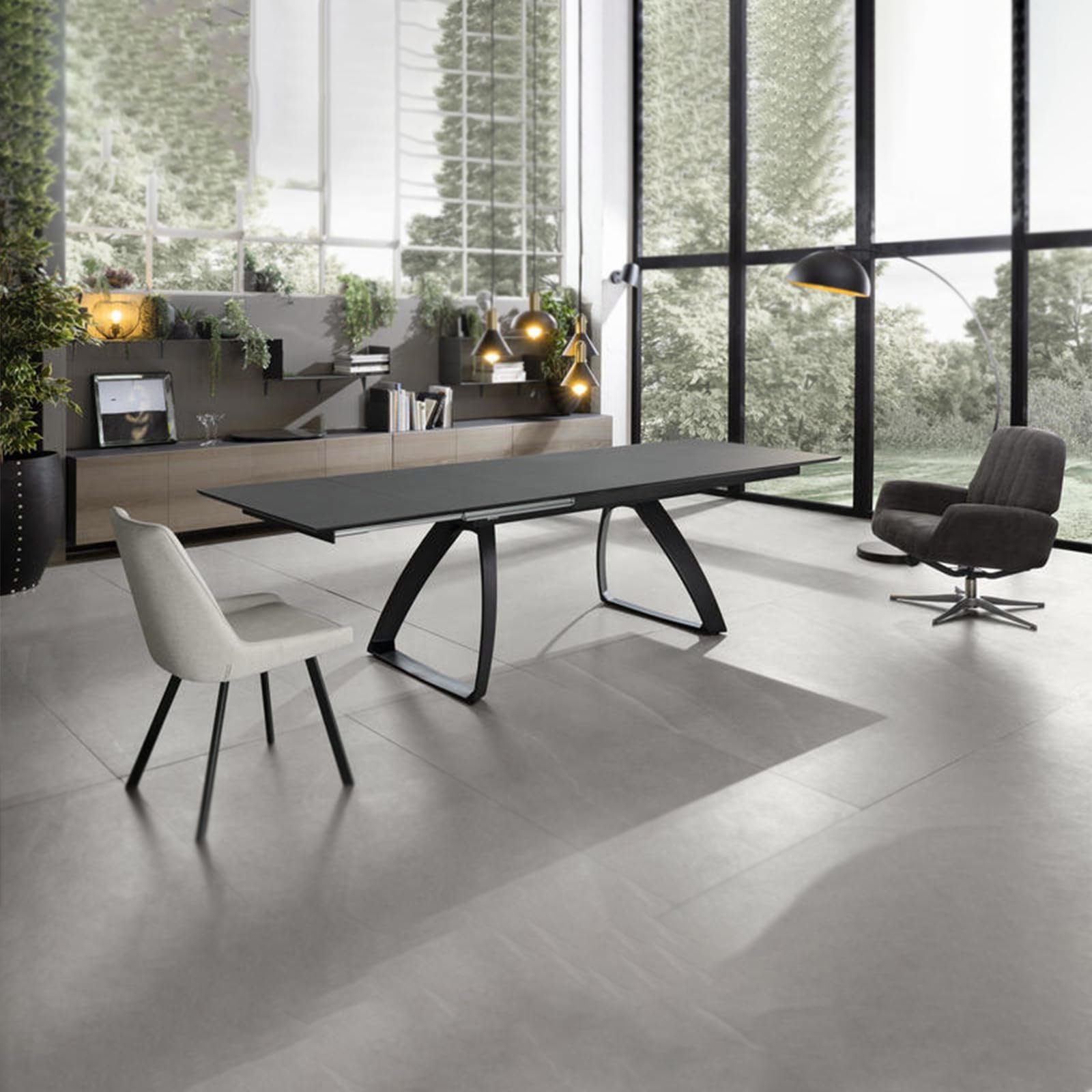 Stones Table Extensible Ares avec Plateau en céramique Effet marbre Noir Mat et piètement en métal Peint en Noir - 140/200 cm, 8 Places