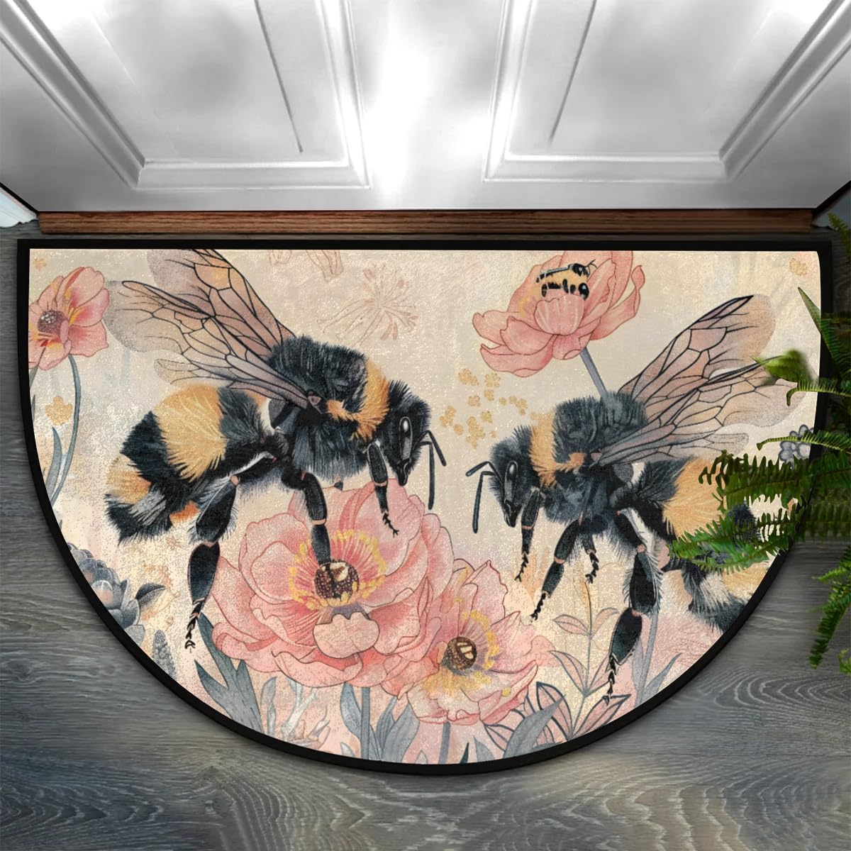 Half Round Door Mat Cute Bee Flower Floral Leaves Non-Slip Semi Circle Area Rug Washable Half Moon Hearth Rugs for Indoor Outdoor Bathroom Kitchen Patio Runner Mat Laundry Room Home Decoration