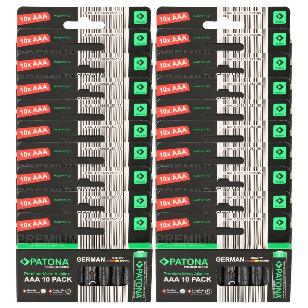 PATONA Pilas AAA premium 200 unidades (20 x 10 unidades), alcalinas de 1,5 V, LR03 micro, a prueba de fugas, larga duración, para mandos a distancia, juguetes, detectores de humo, cámaras