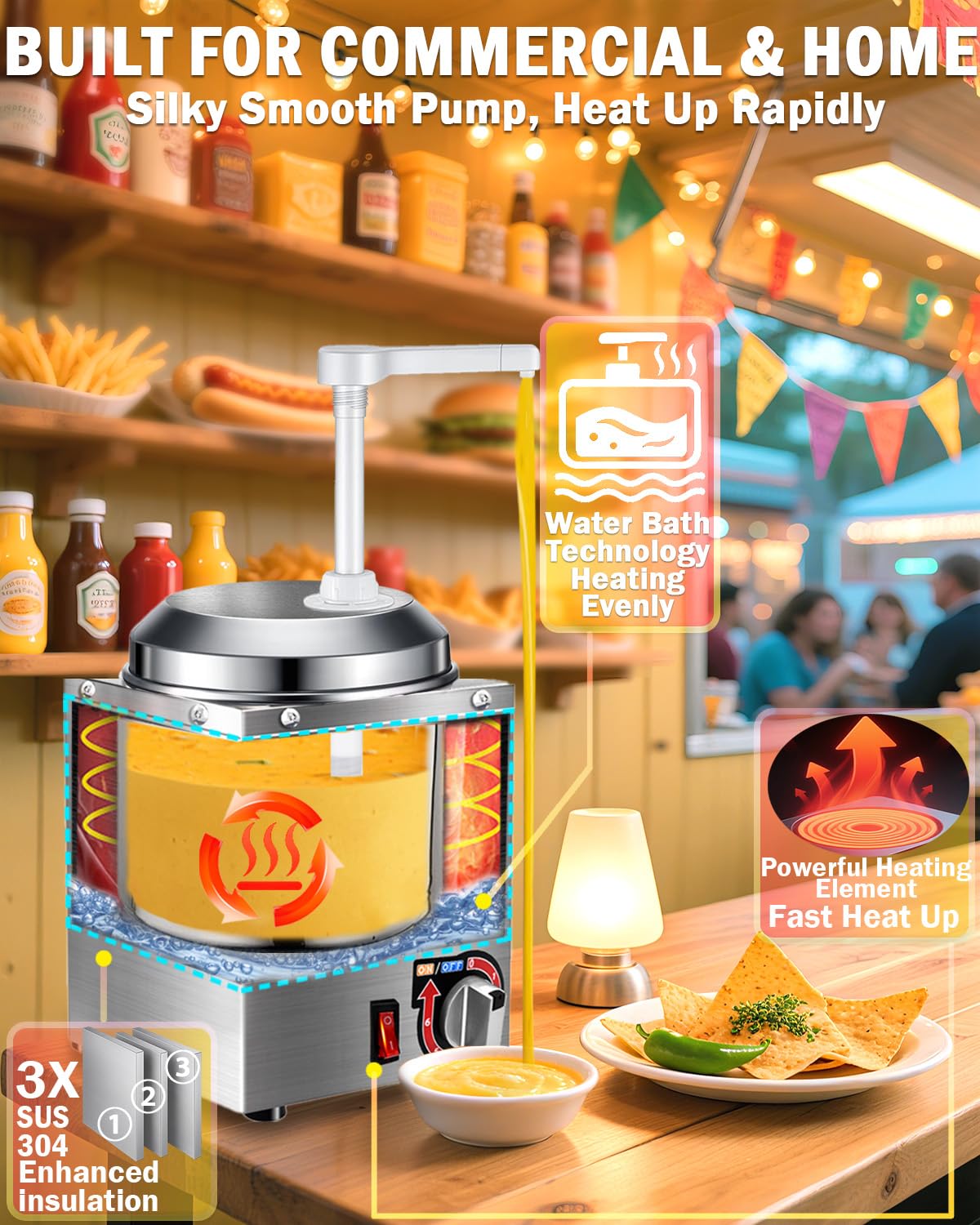 Dispensador de queso Nacho - Máquina de queso Nacho de 2,8 l con bomba, calentador de salsa caliente de acero inoxidable con ajuste de temperatura de 6 niveles, dispensador de jarabe para caramelo