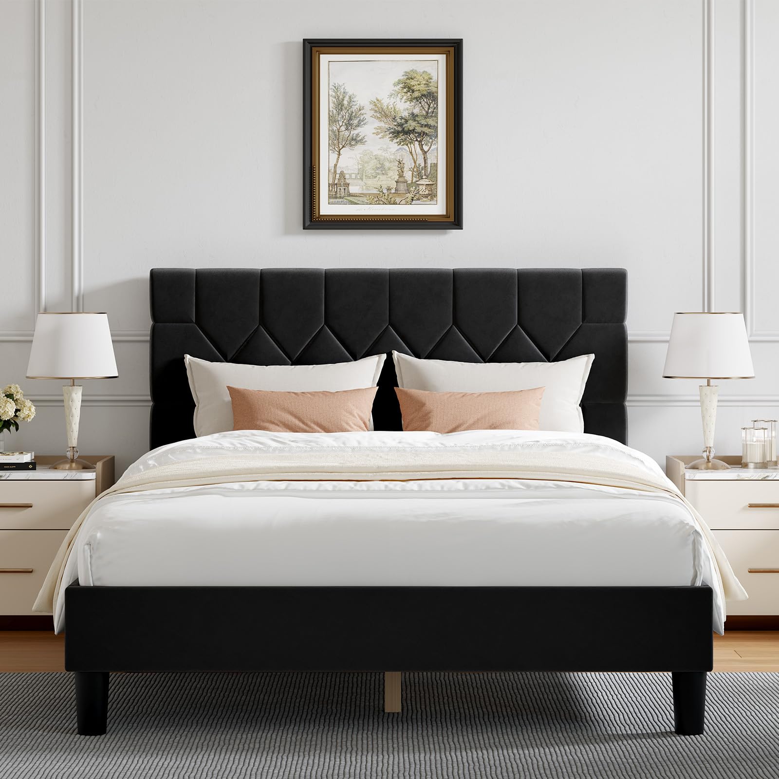 Novilla Queen Bed Frame with Headboard, Bed Frame Queen Size with Wood Slats Support, Velvet Upholstered Pull-Point Headboard, No Box Spring Needed, Heavy Duty Feet, Easy Assembly, Black Velvet