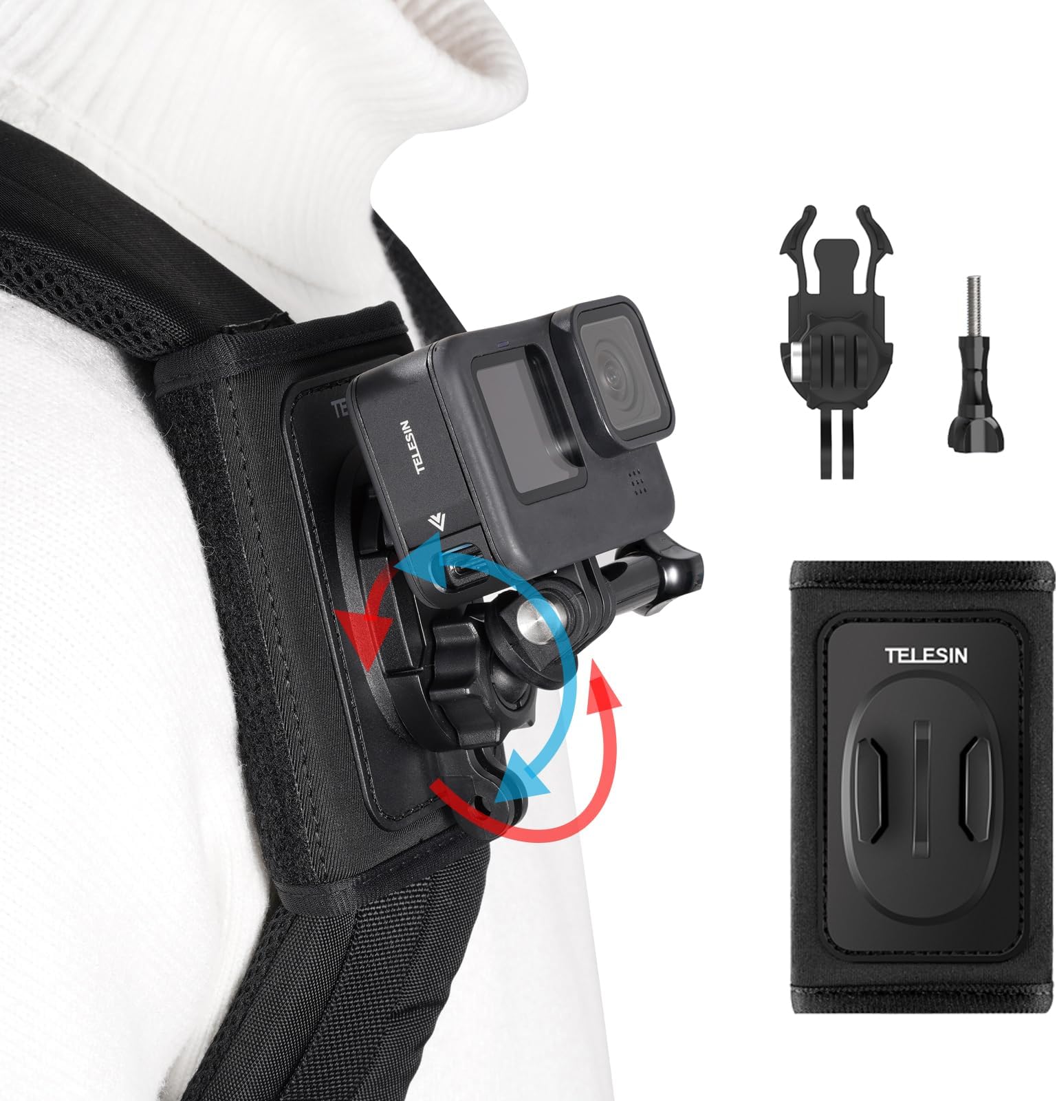 TELESIN 360 Backpack Mount Shoulder Strap Clip Holder Quick Release Adapter Base for GoPro Max 13 12 11 10 Insta360 X5 X4 Ace Pro 2, DJI Osmo Nano Action 6 5 Pro 4 3 Pocket 3 Bike Motorcycle Accessory